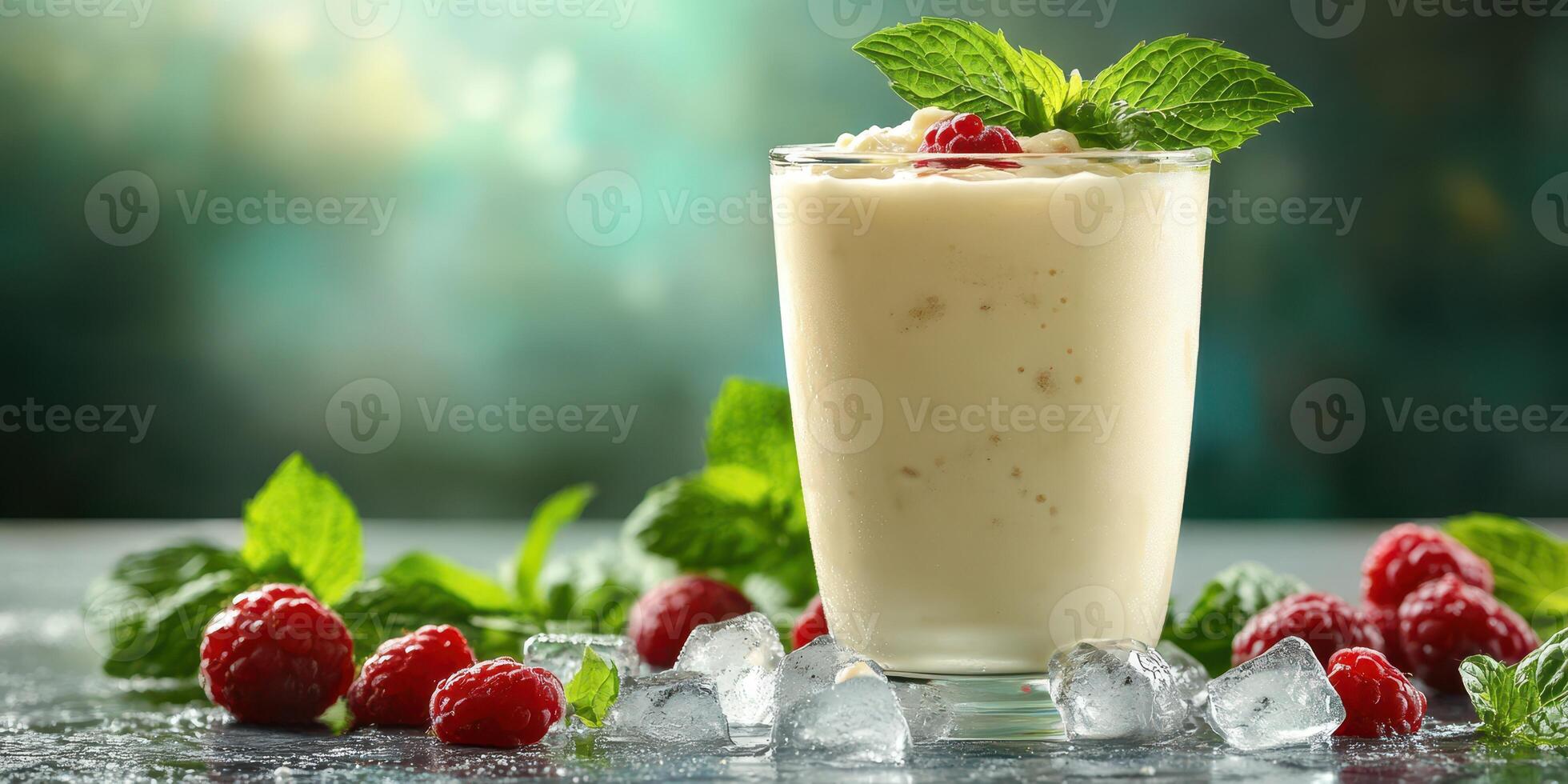 Refreshing raspberry mint smoothie served in a glass on a textured surface with ice cubes and fresh mint leaves in the background photo