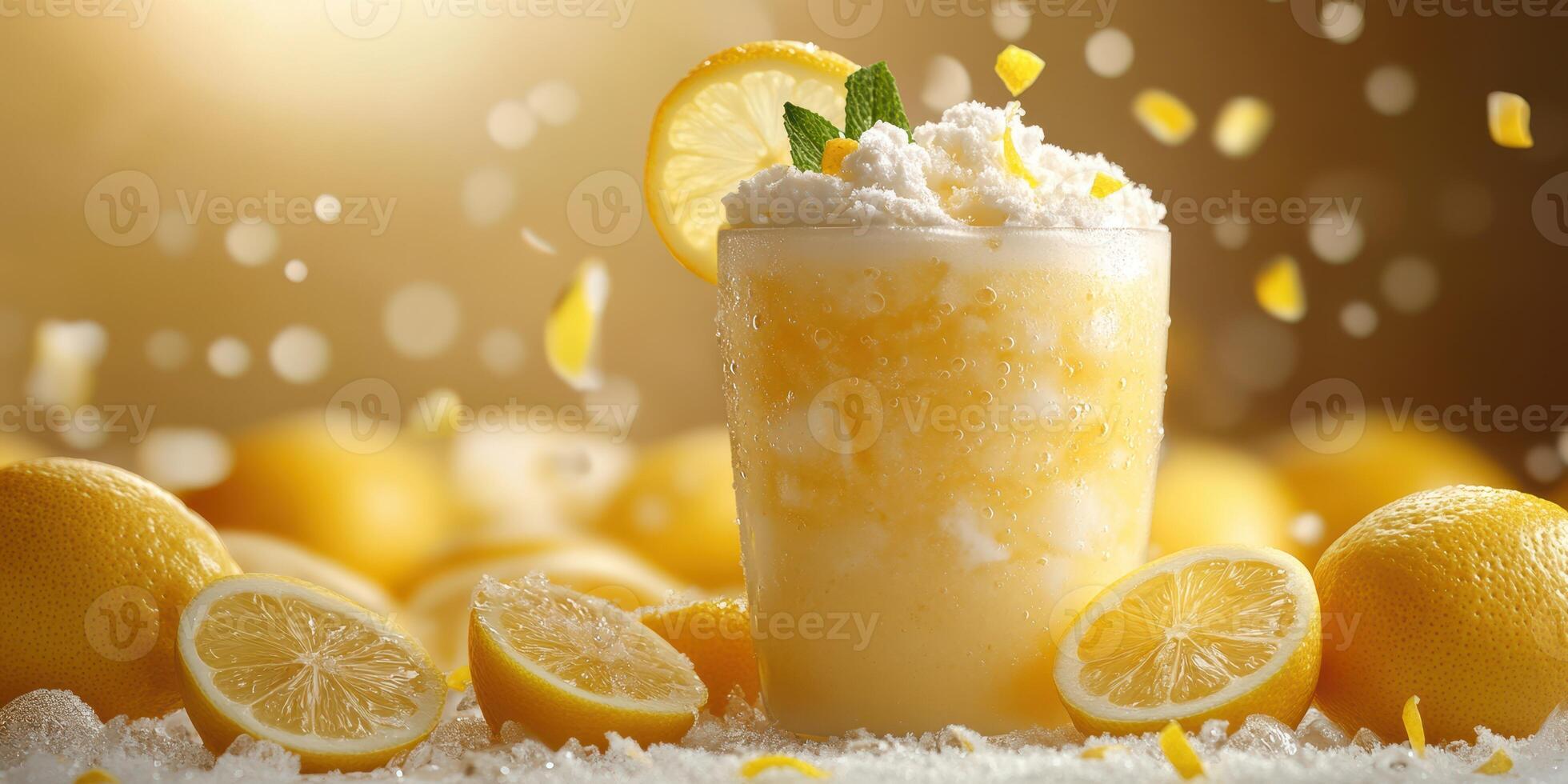 Refreshing lemon drink served with whipped cream and garnished with mint during a sunny summer day photo