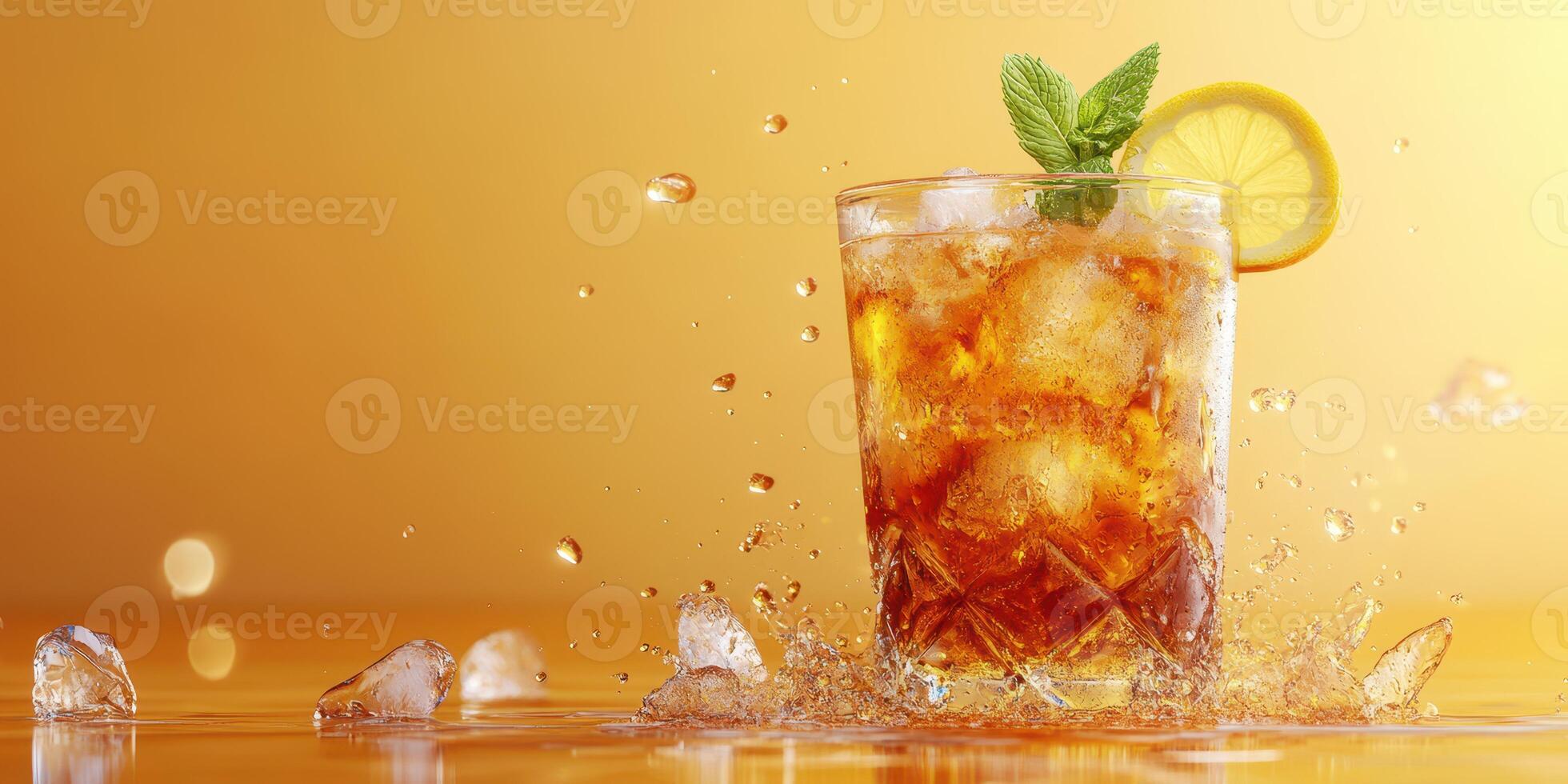 Refreshing iced beverage with lemon and mint splashes on a golden background photo