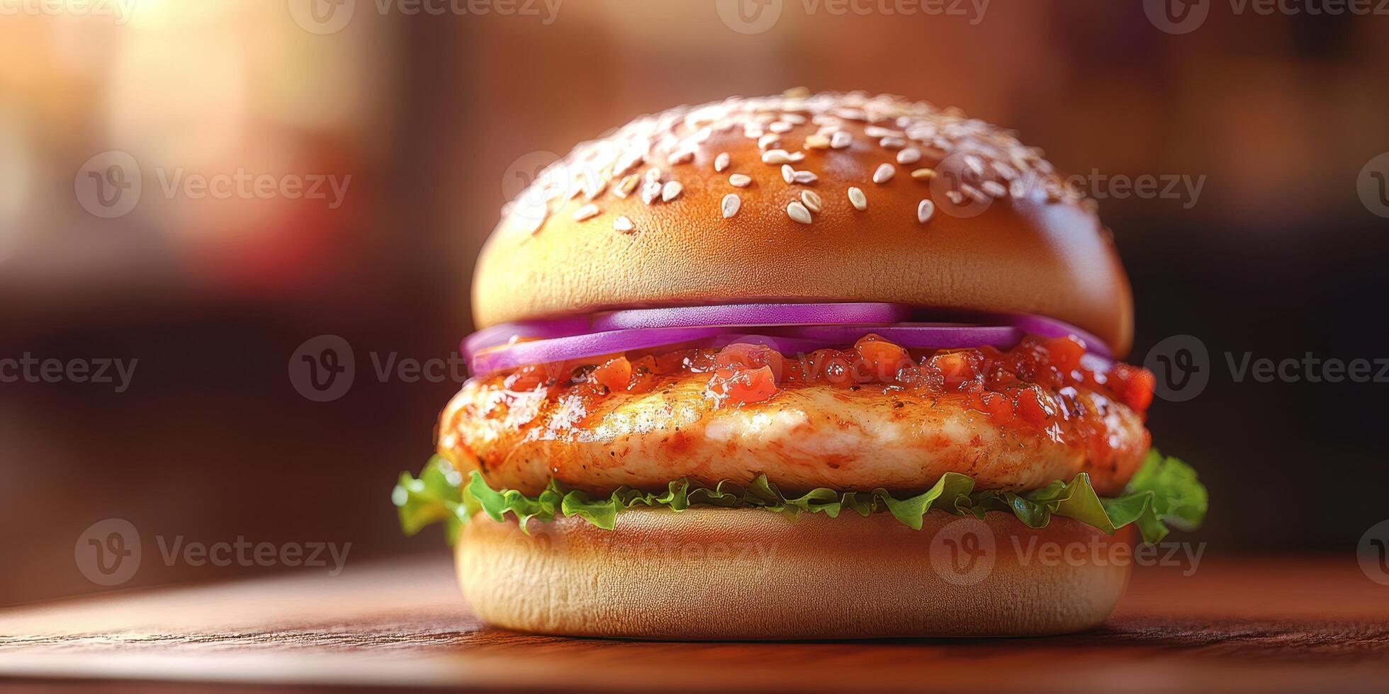 Juicy grilled chicken burger topped with fresh vegetables in a well-lit restaurant setting photo