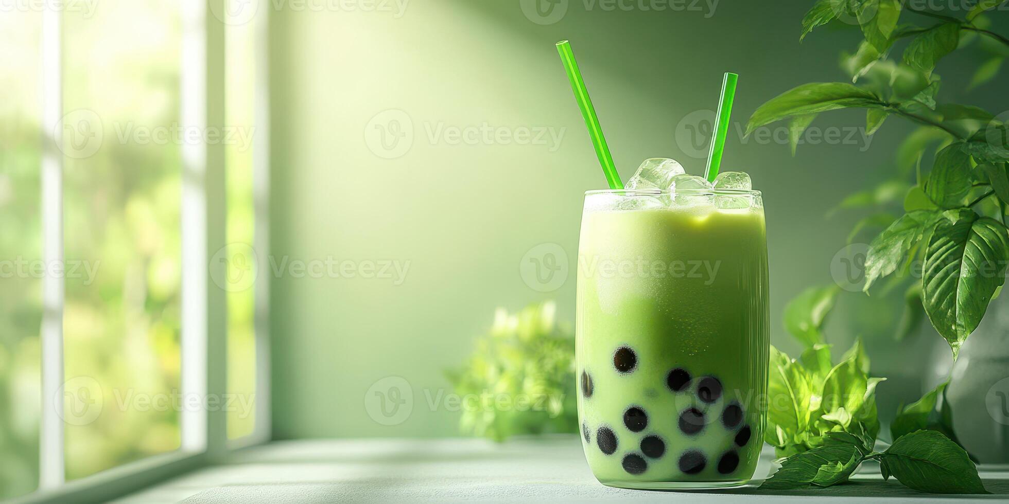 Refreshing green tea bubble drink served in a glass with ice in a bright, nature-inspired setting photo