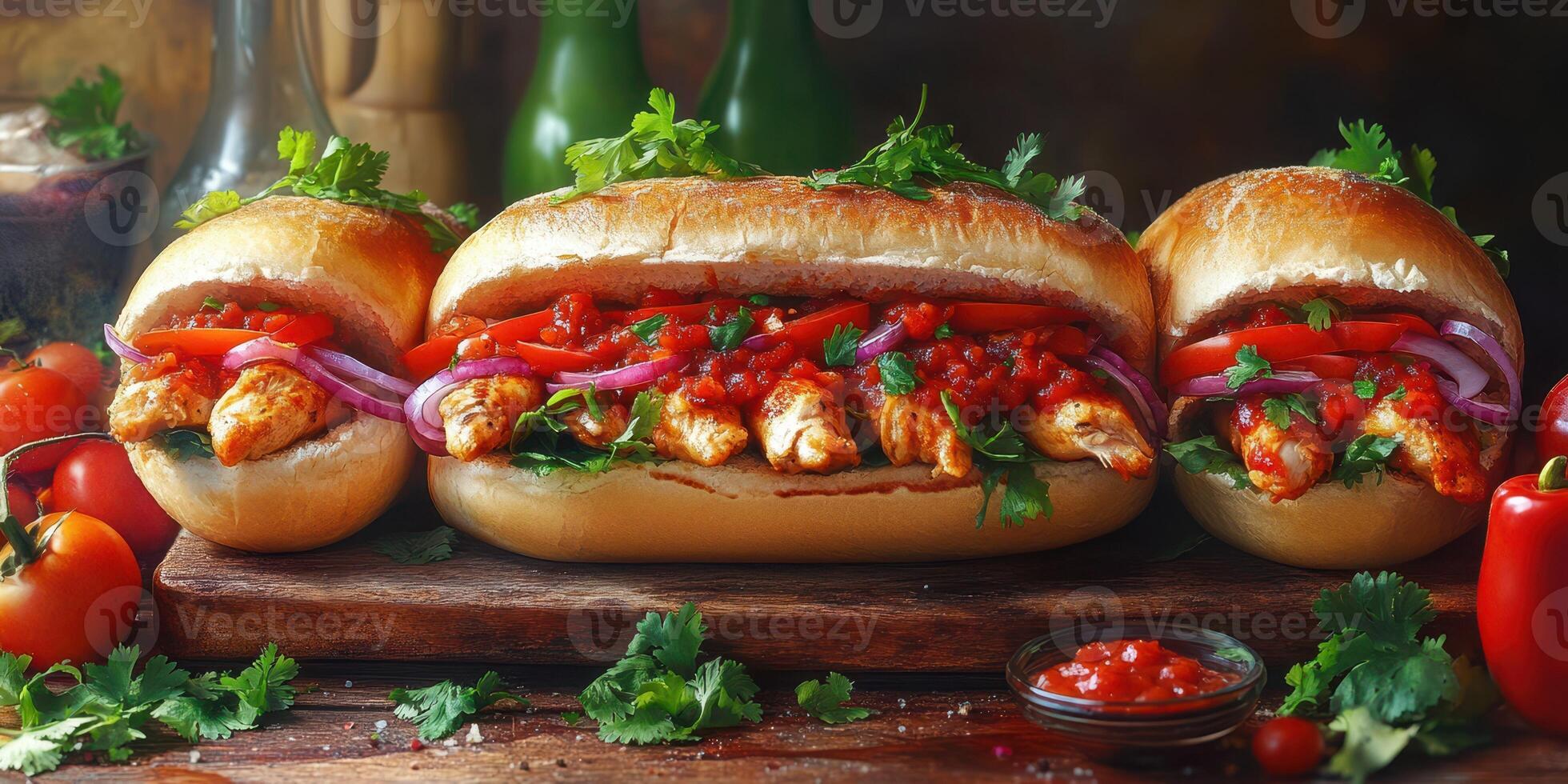 Flavorful sandwiches filled with grilled chicken, fresh vegetables, and salsa on wooden board in cozy kitchen setting photo