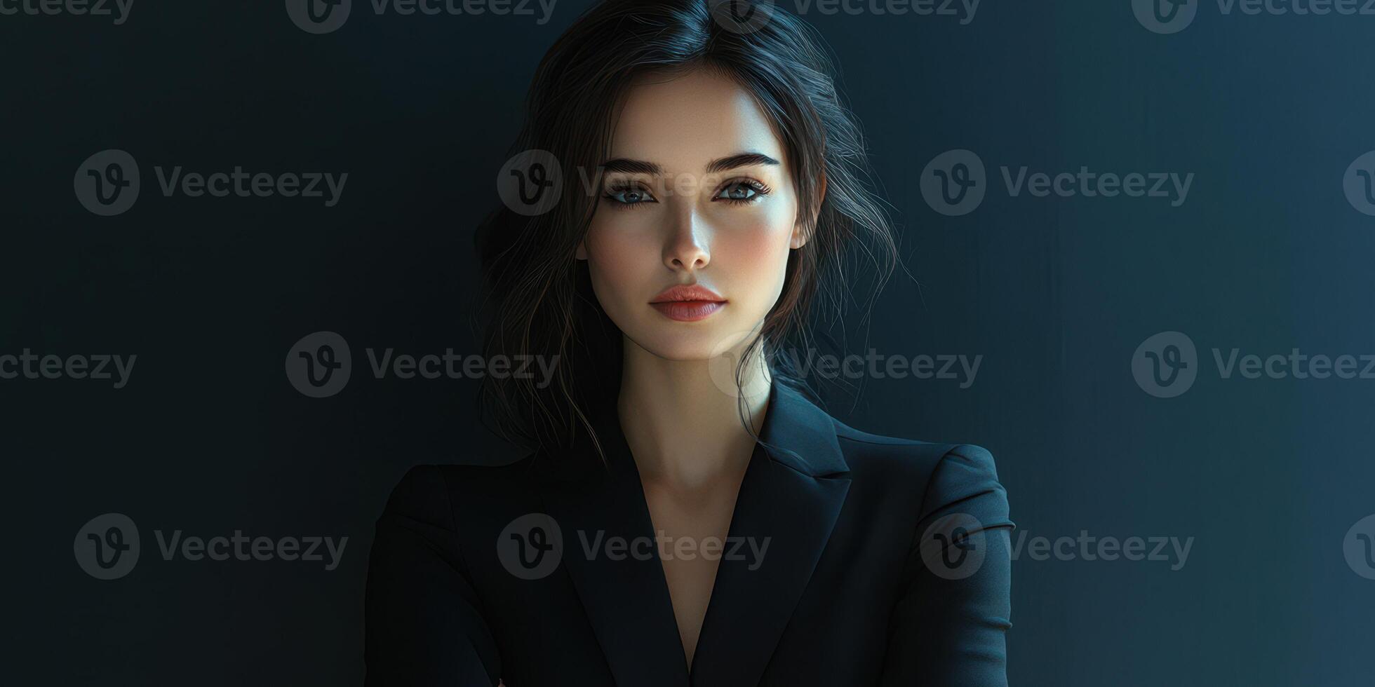 Portrait of a woman dressed in a black suit against a dark background showcasing elegance and confidence photo