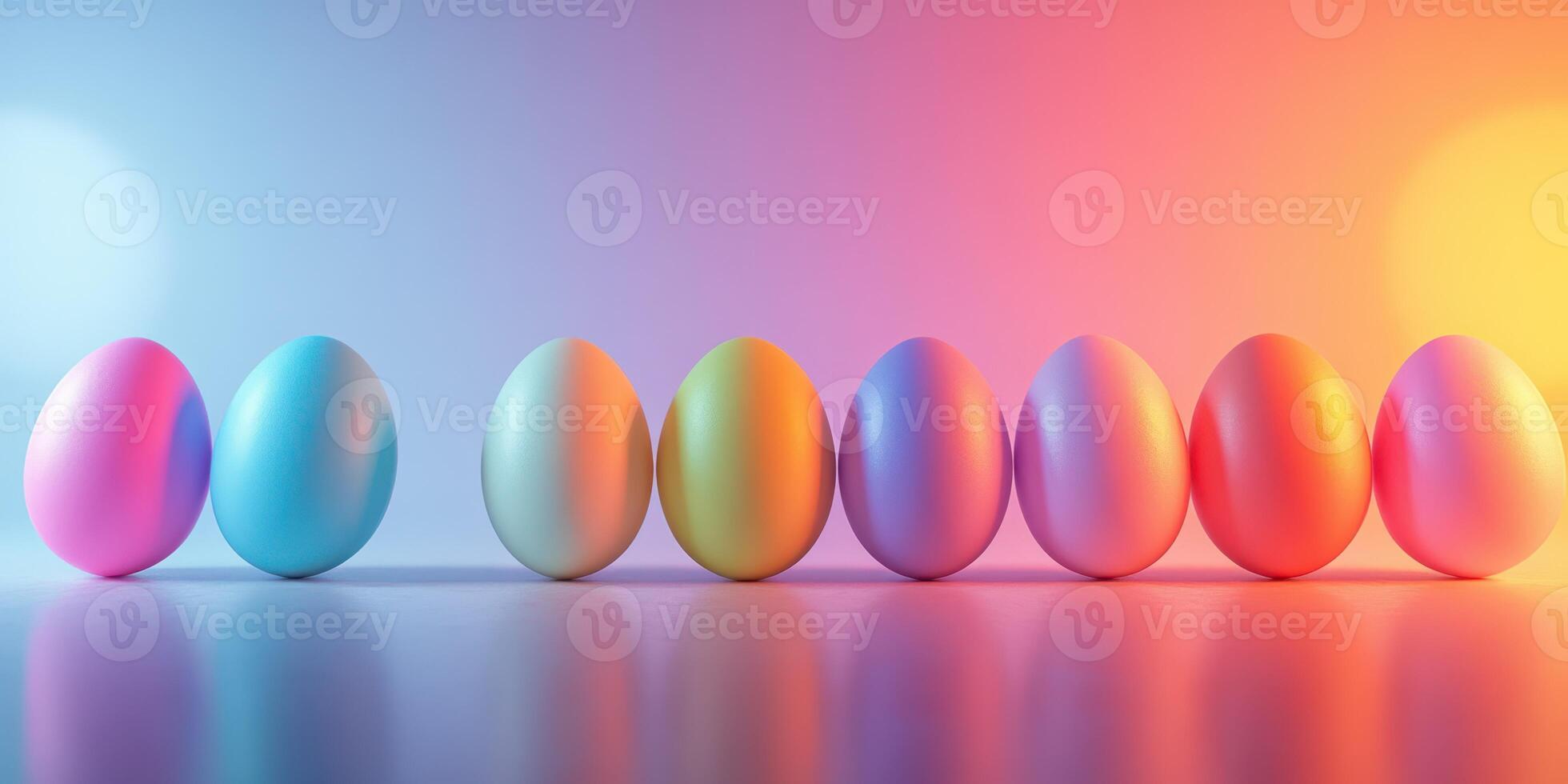 Colorful Easter eggs arranged in a straight line on a reflective surface with a soft gradient background photo