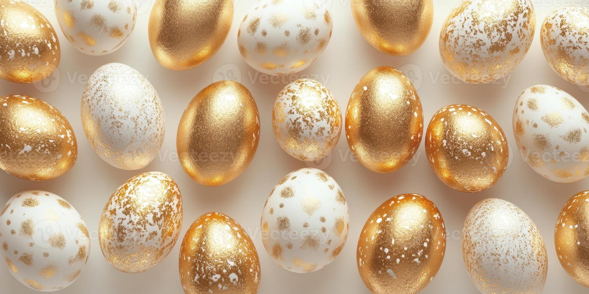 Decorative golden and white eggs arranged on a light surface for a festive celebration or holiday event photo