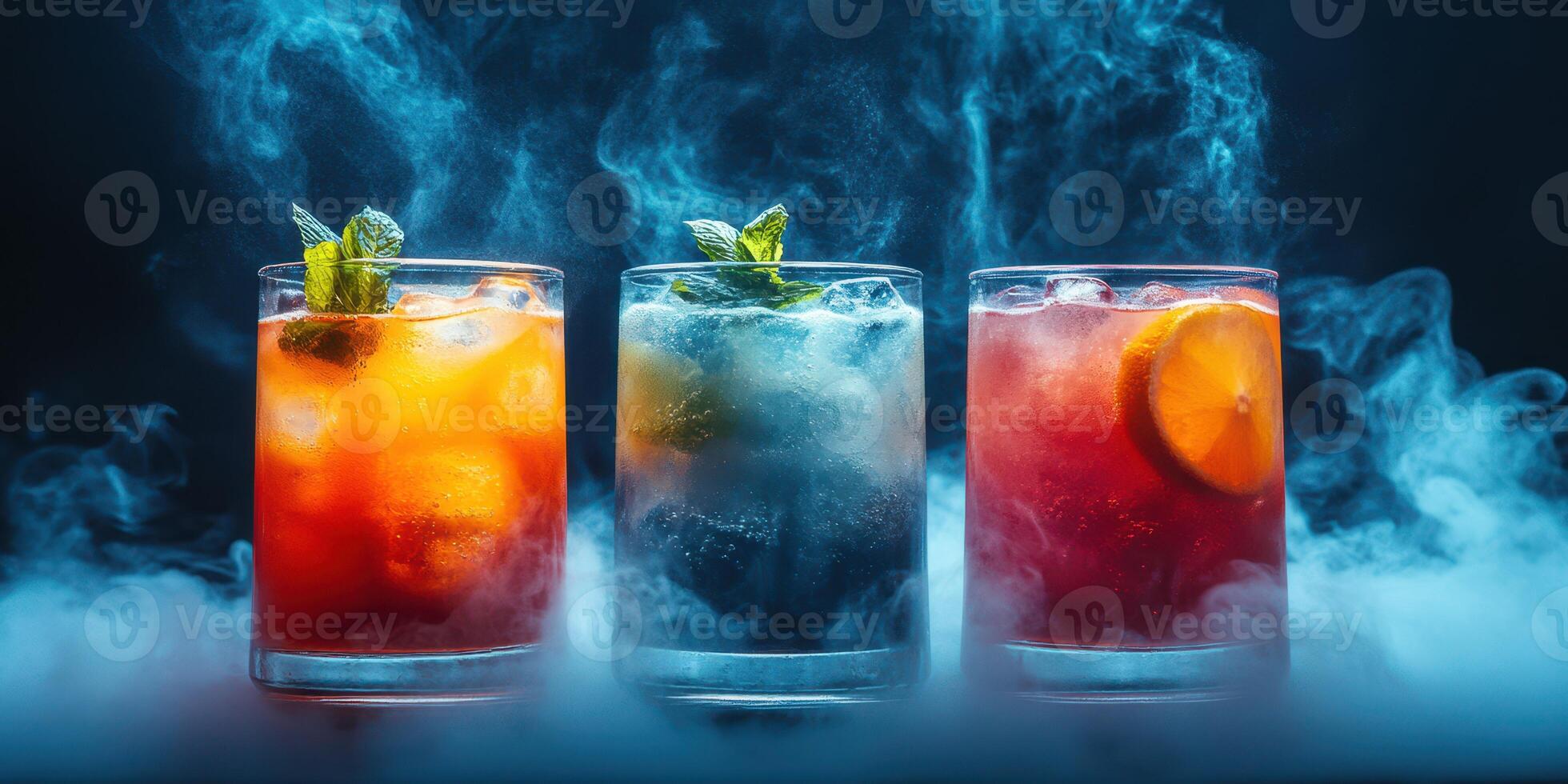 Colorful cocktails with smoky effects in a dark setting showcasing mixology creativity photo