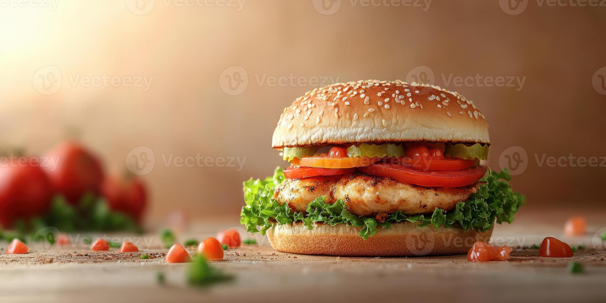 Delicious chicken burger with fresh vegetables and sesame bun on rustic wooden table photo