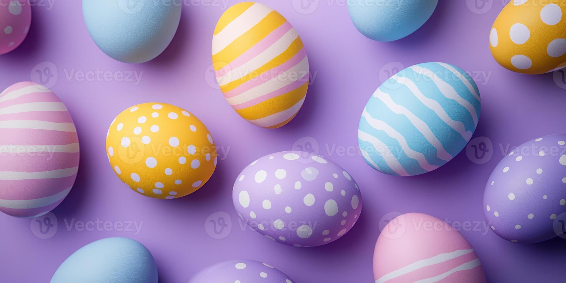 Colorful Easter eggs arranged on a purple background showcase festive designs and patterns for spring celebration photo
