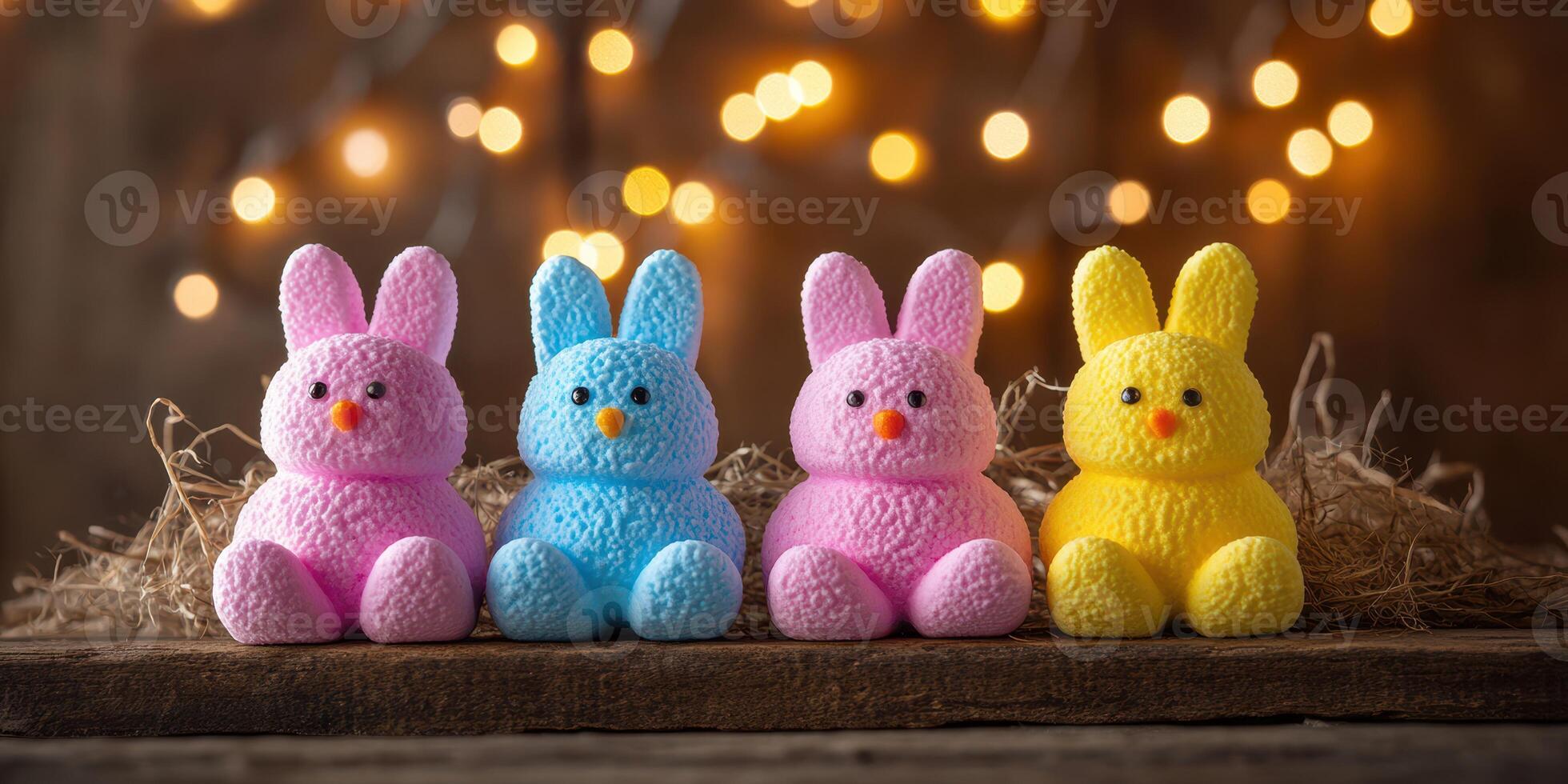 Colorful bunny figures displayed on a wooden surface with sparkling string lights in the background during springtime celebration photo