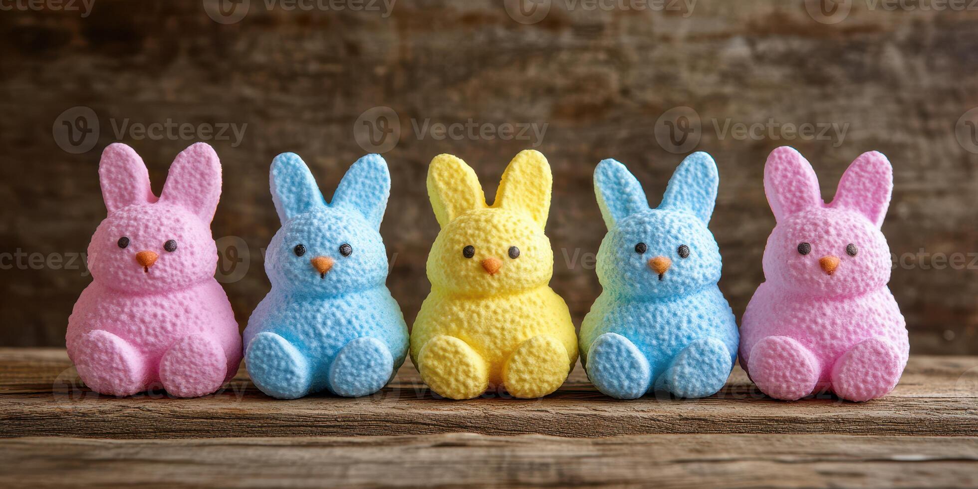 Colorful marshmallow bunnies arranged on a wooden surface for festive celebrations photo