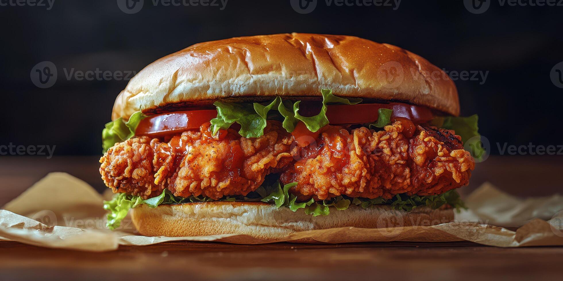 Crispy fried chicken sandwich with fresh lettuce, tomatoes, and sauce on a toasted bun photo