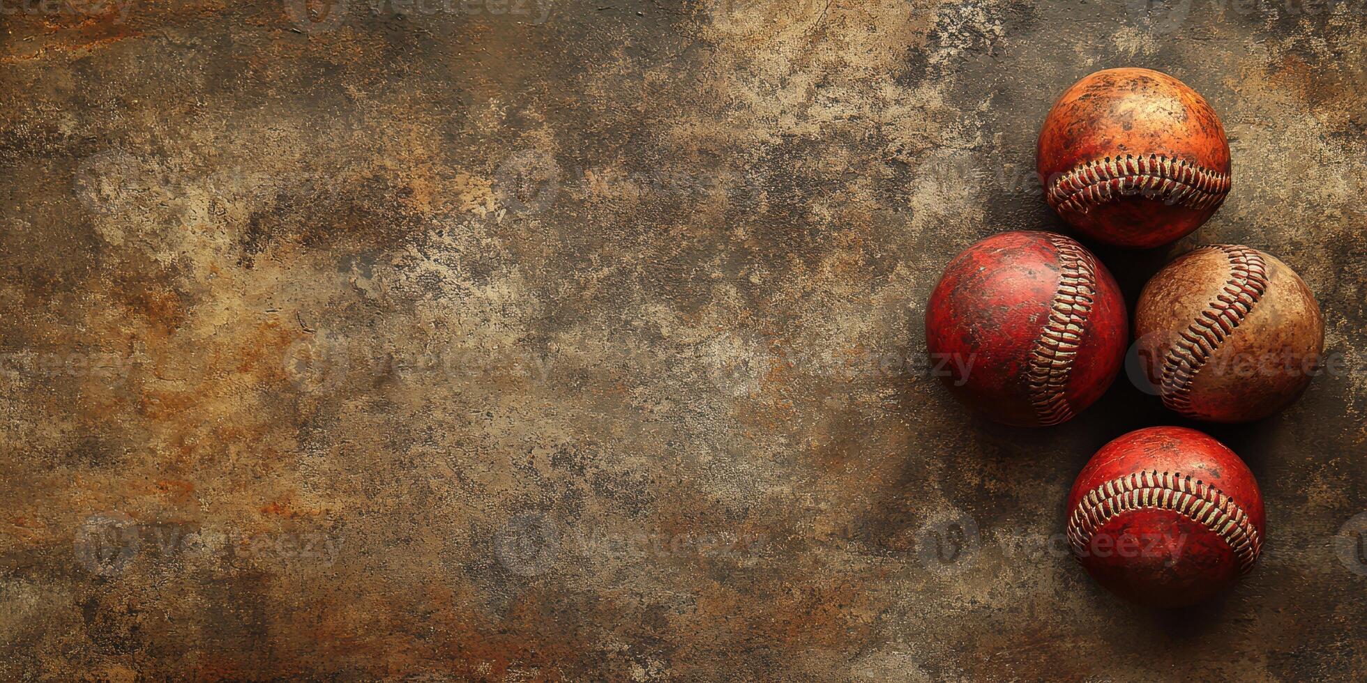 Four vintage baseballs arranged on a textured background showcasing their weathered appearance and stitching details photo