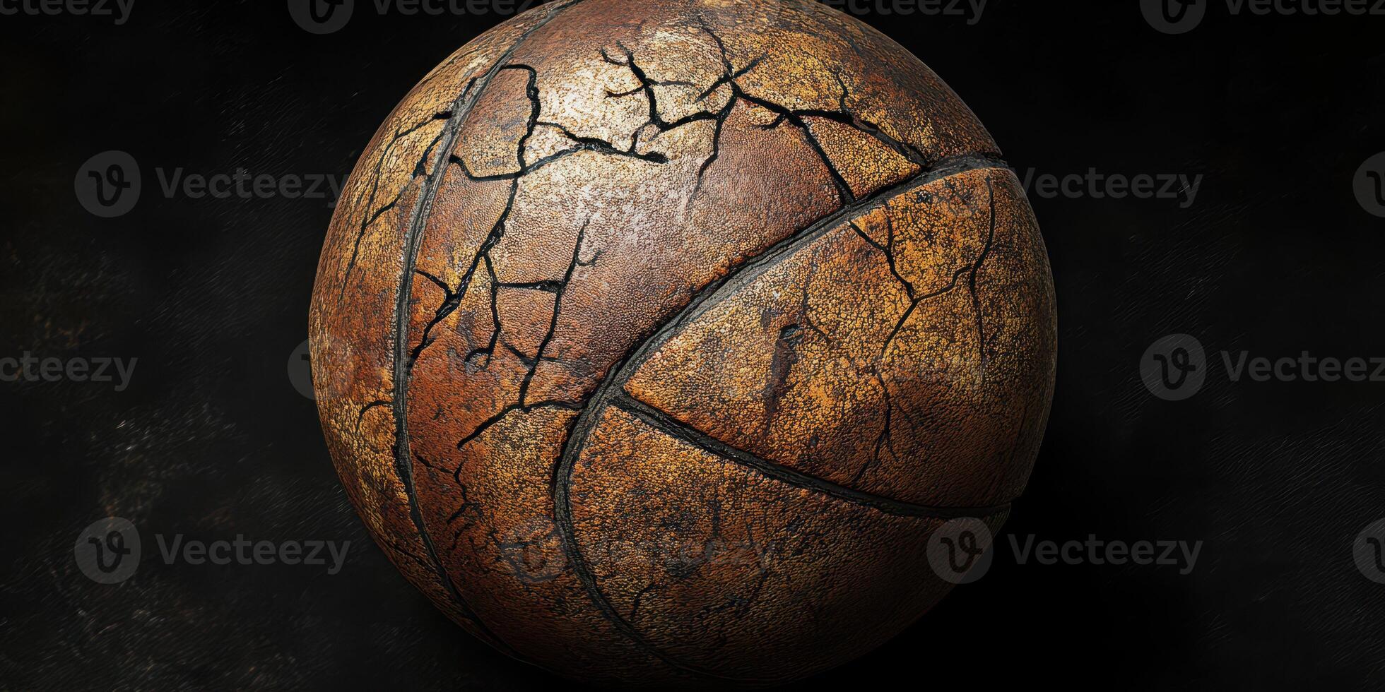 Old and cracked basketball resting against a dark background highlighting its weathered texture and worn surface photo