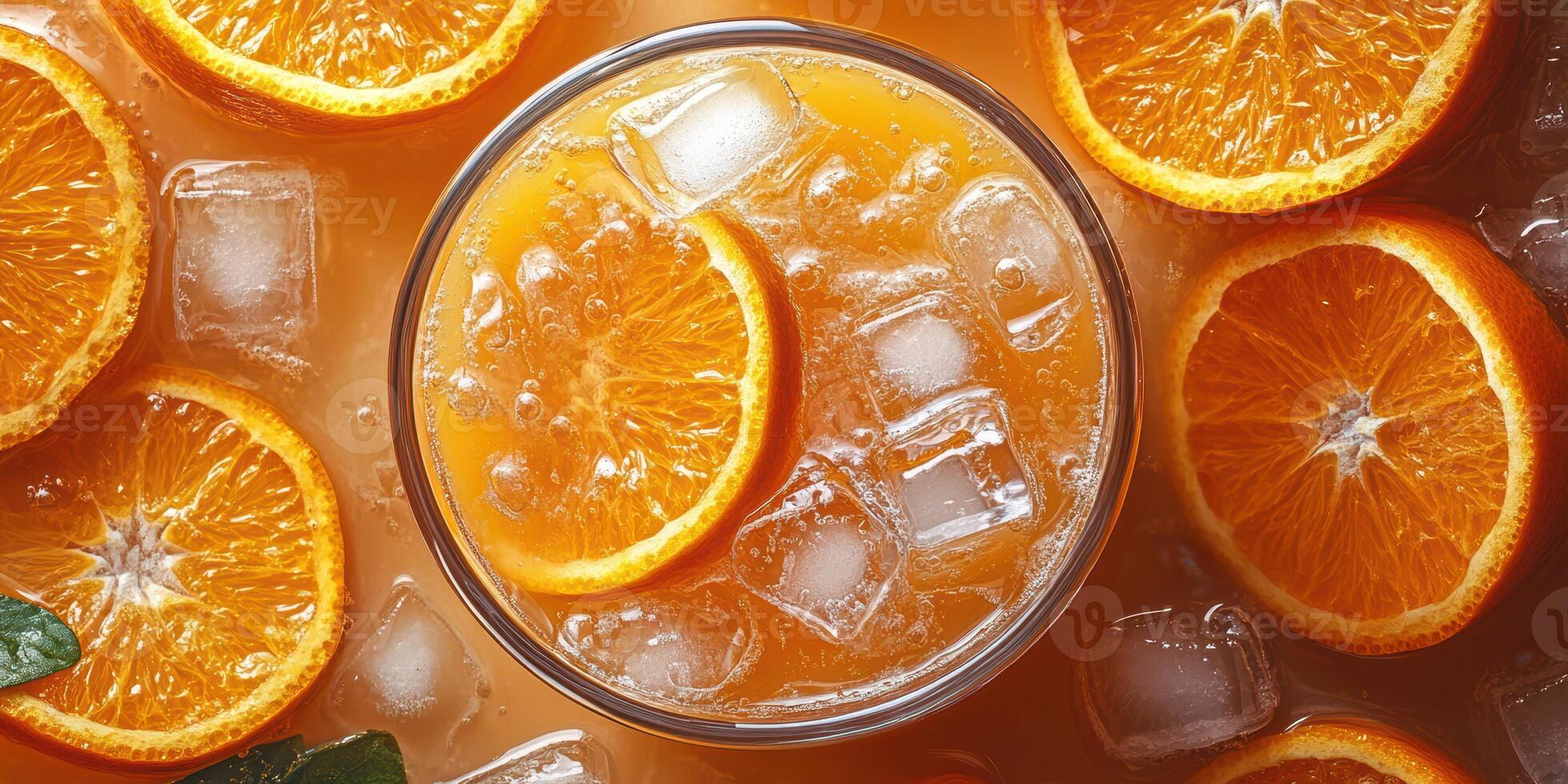 Refreshing citrus beverage full of ice and orange slices on a bright summer day photo