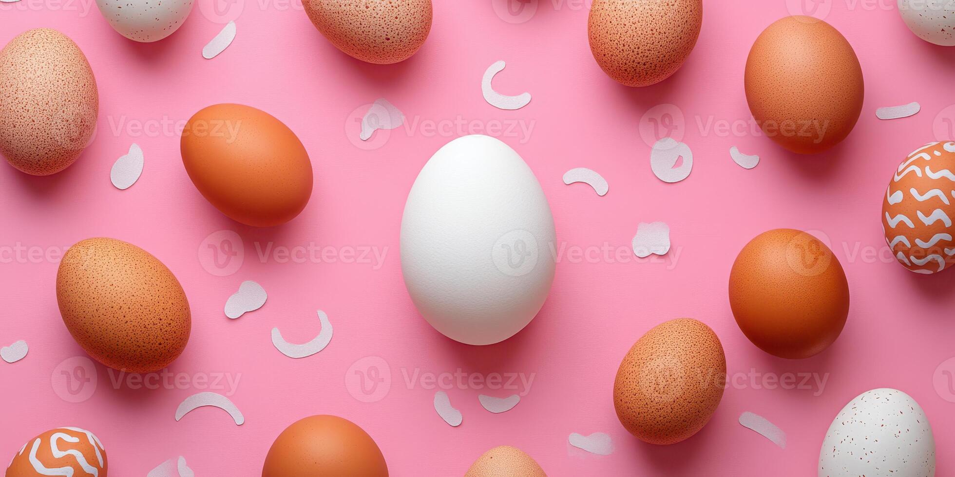 Colorful collection of eggs on pink surface showcasing various patterns and textures for springtime celebration photo