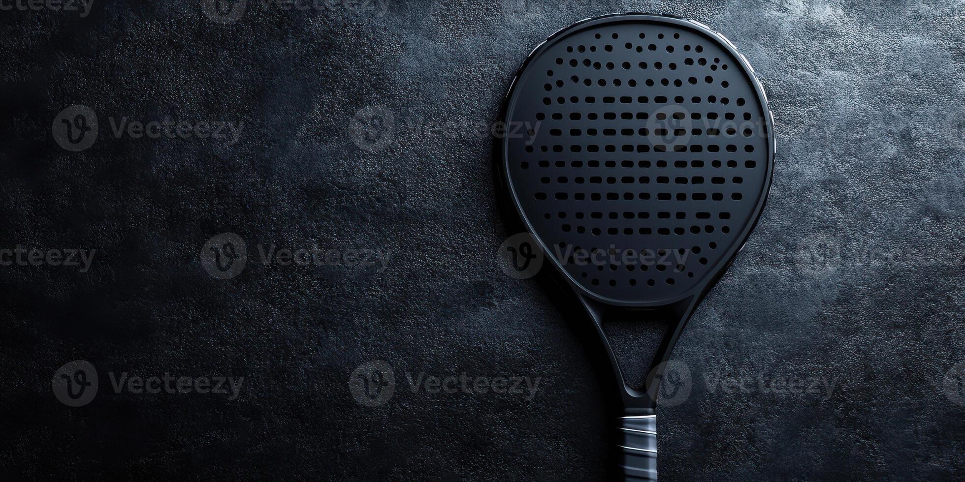 Black paddle racket resting on a dark surface showcasing a minimalist design photo