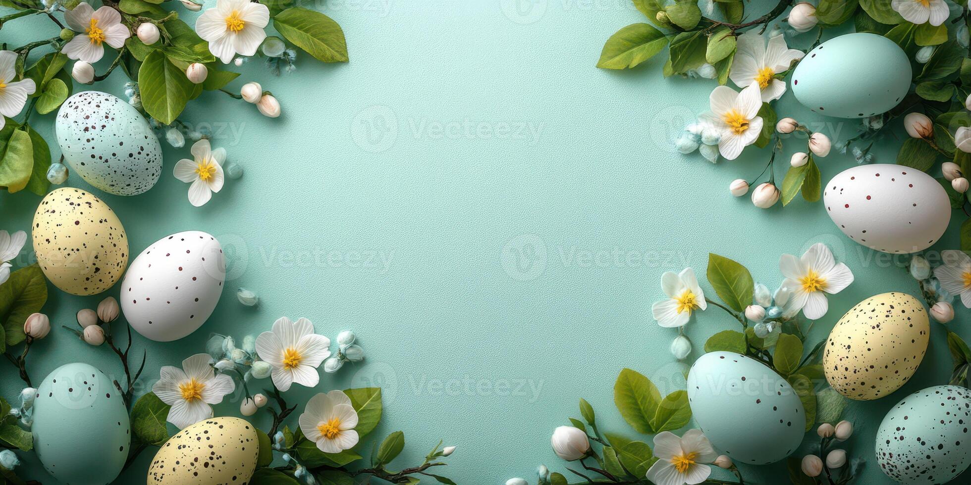 Colorful Easter eggs surrounded by spring flowers on a turquoise background create a festive atmosphere for celebration photo
