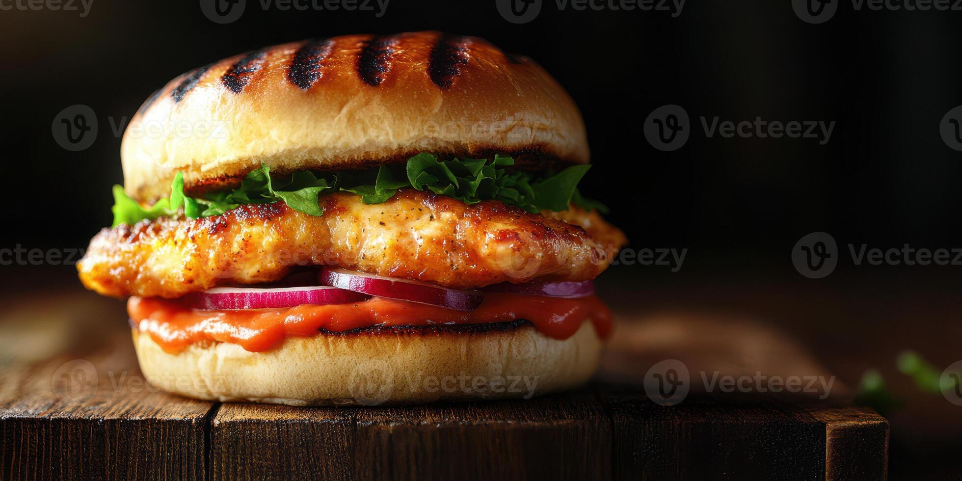 Juicy grilled chicken sandwich with fresh lettuce and onions served on a toasted bun with a rich sauce photo