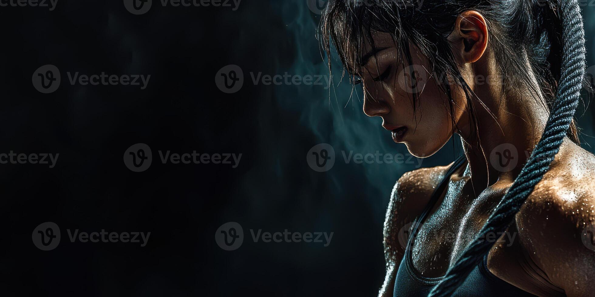 Intense workout featuring a focused athlete in a dark gym setting with steam and sweat during evening training photo
