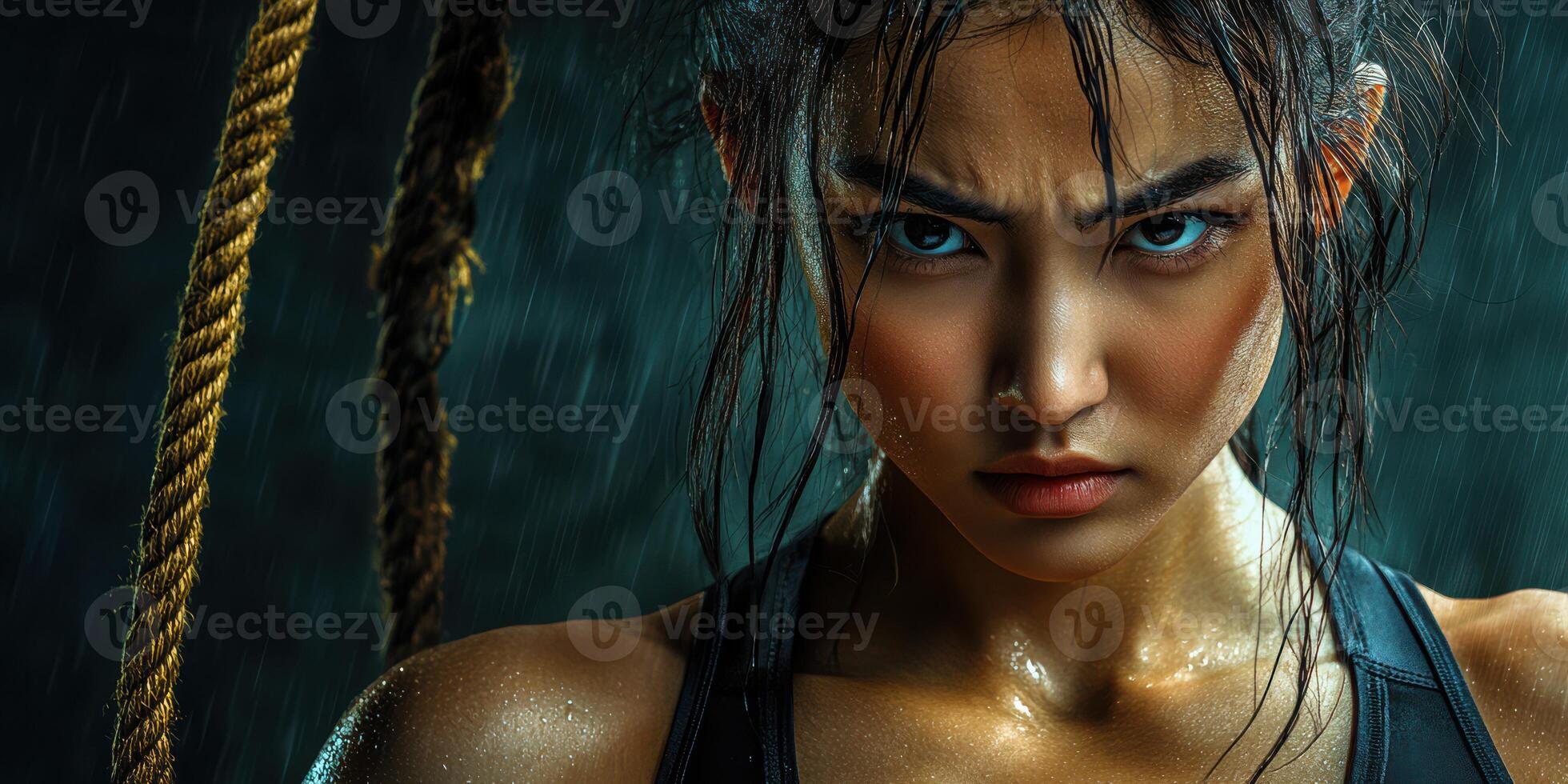 Intense workout moment under dramatic lighting with ropes and water droplets in a gym setting photo