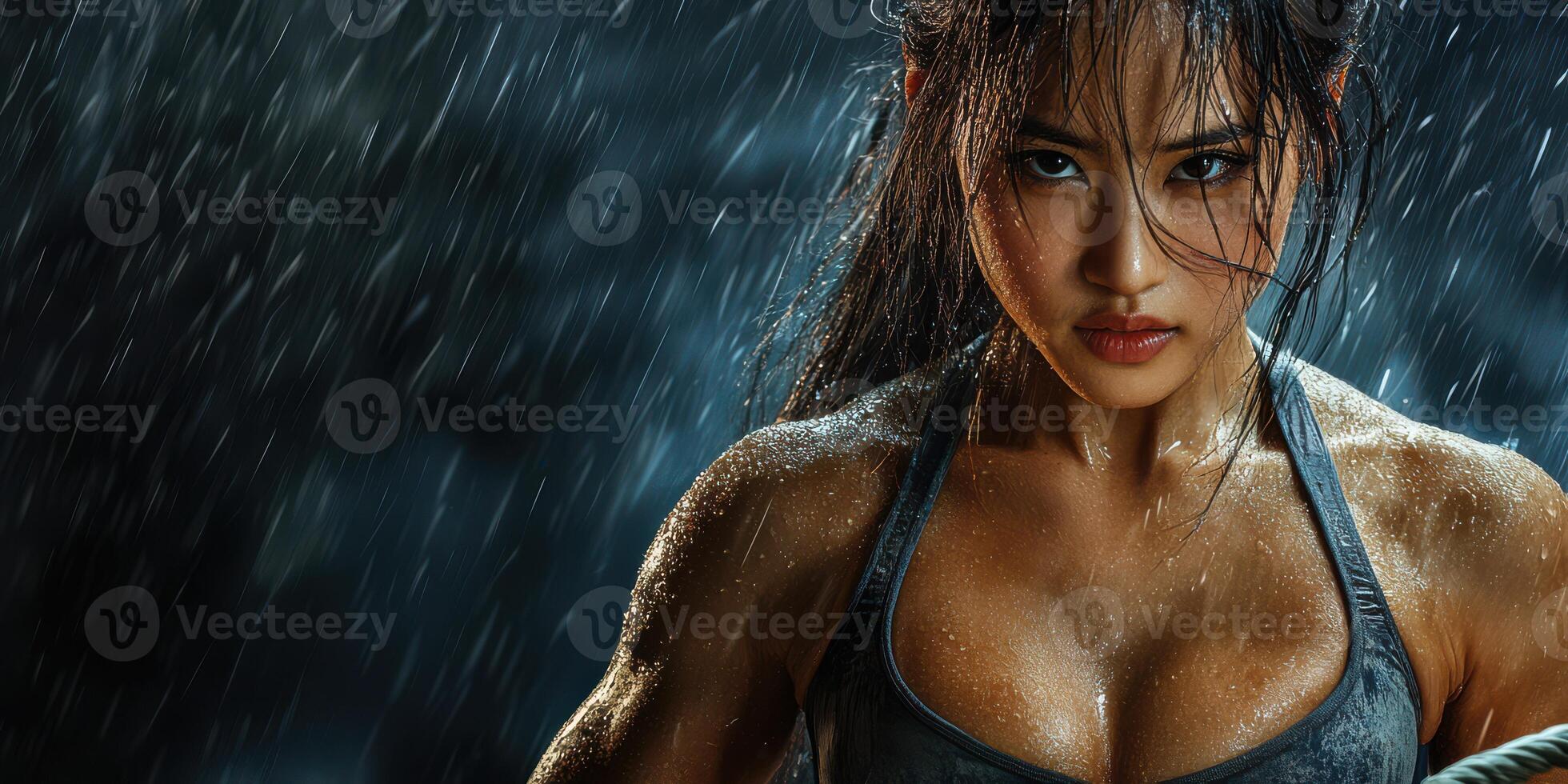 Determination shines through as a woman trains intensely in the rain at dusk, showcasing strength and resilience in her workout photo