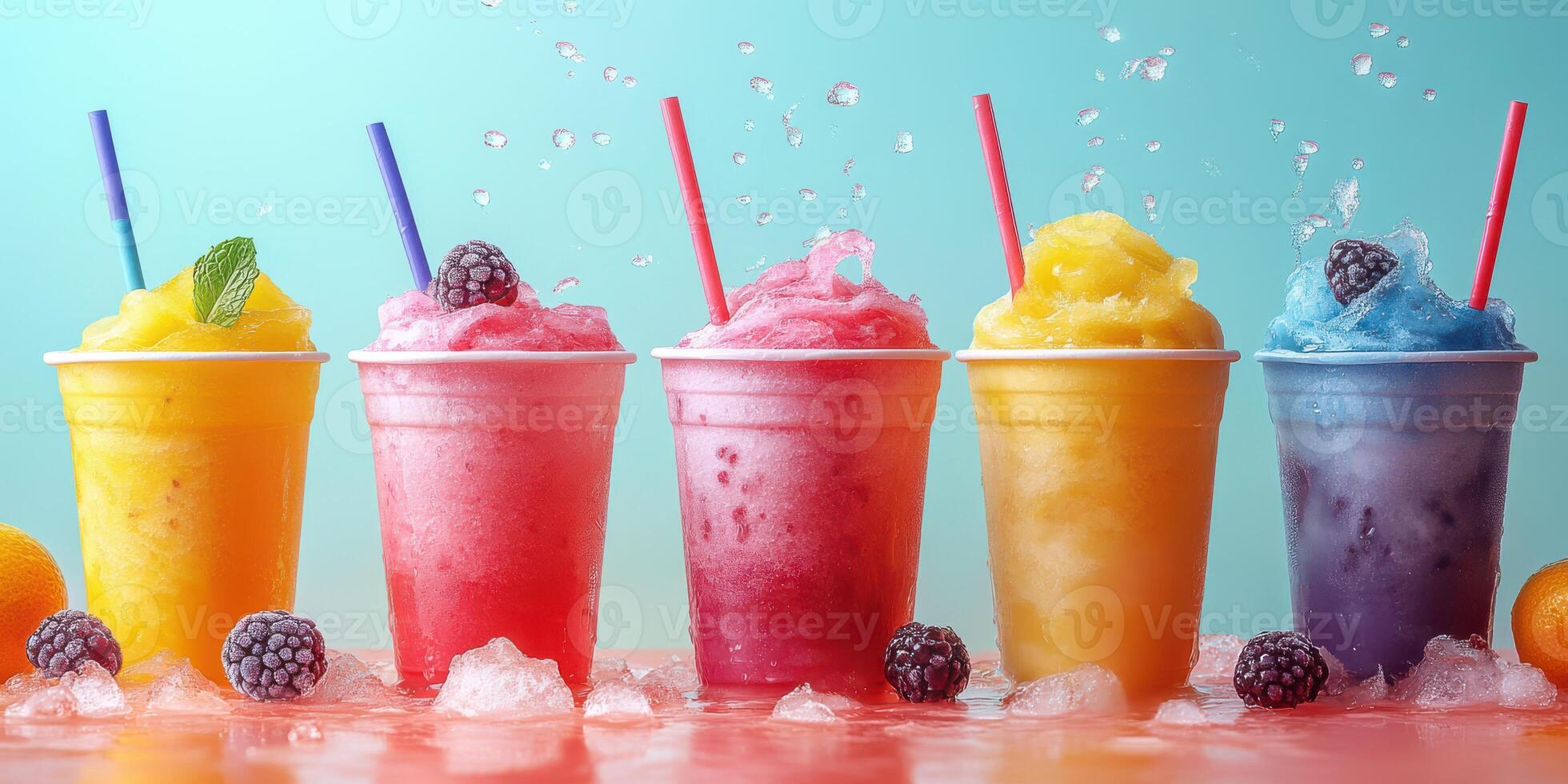 Colorful slushies in cups with fruit and ice on a bright background perfect for summer refreshment photo