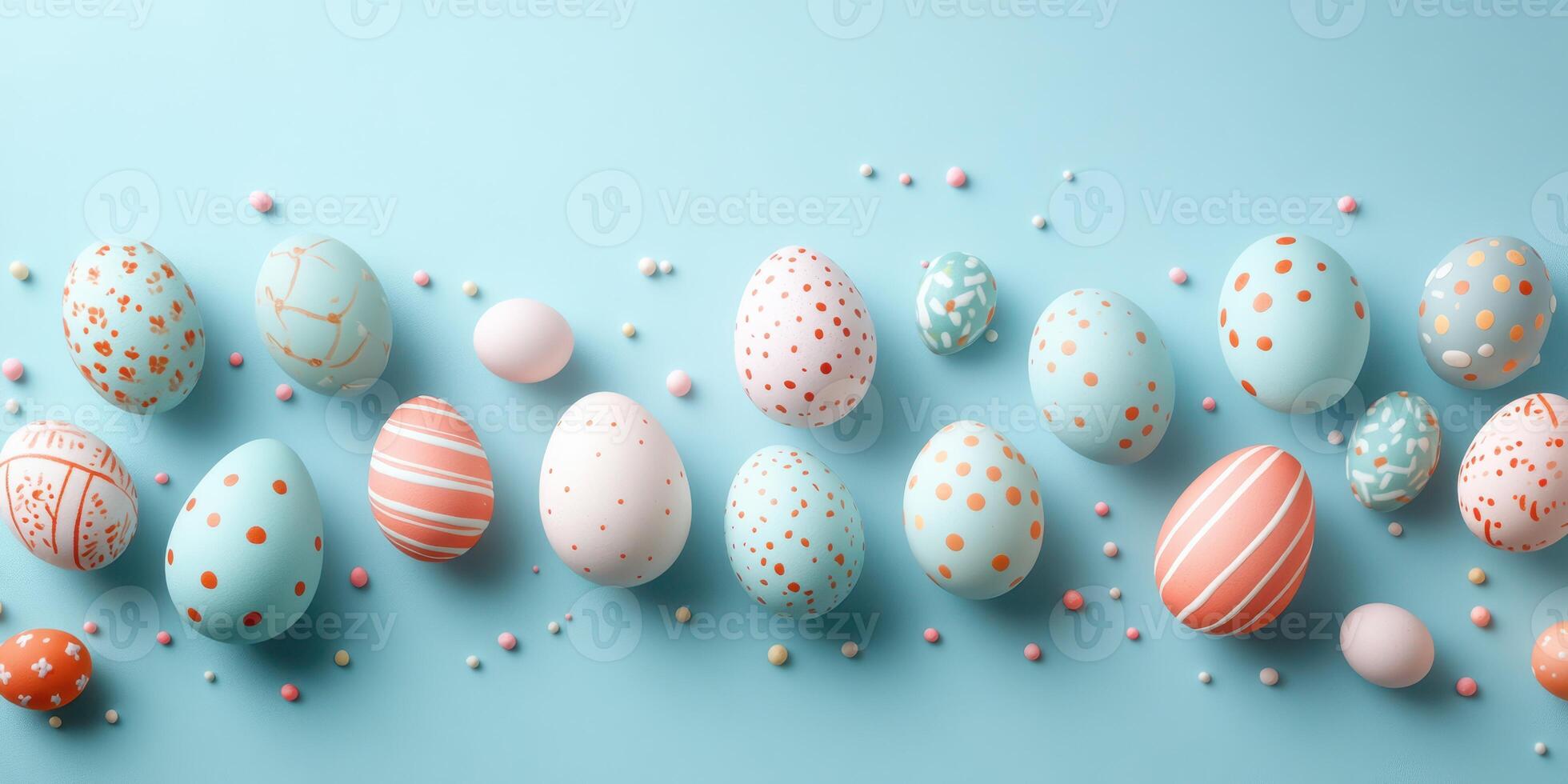 Colorful decorative eggs arranged on a light blue surface for spring celebration photo