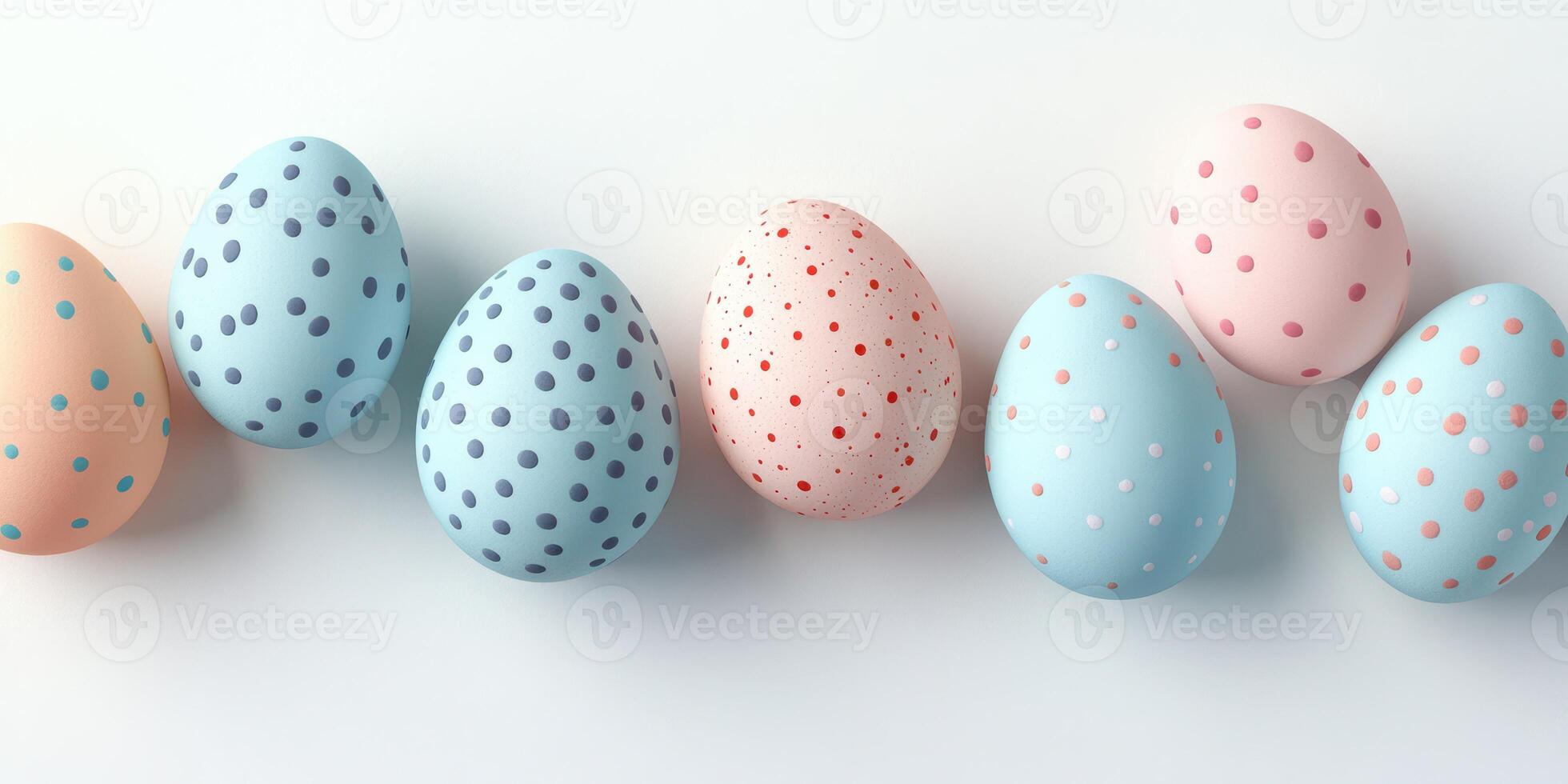 Colorful polka dot Easter eggs arranged in a neat row on a bright background for festive decoration photo