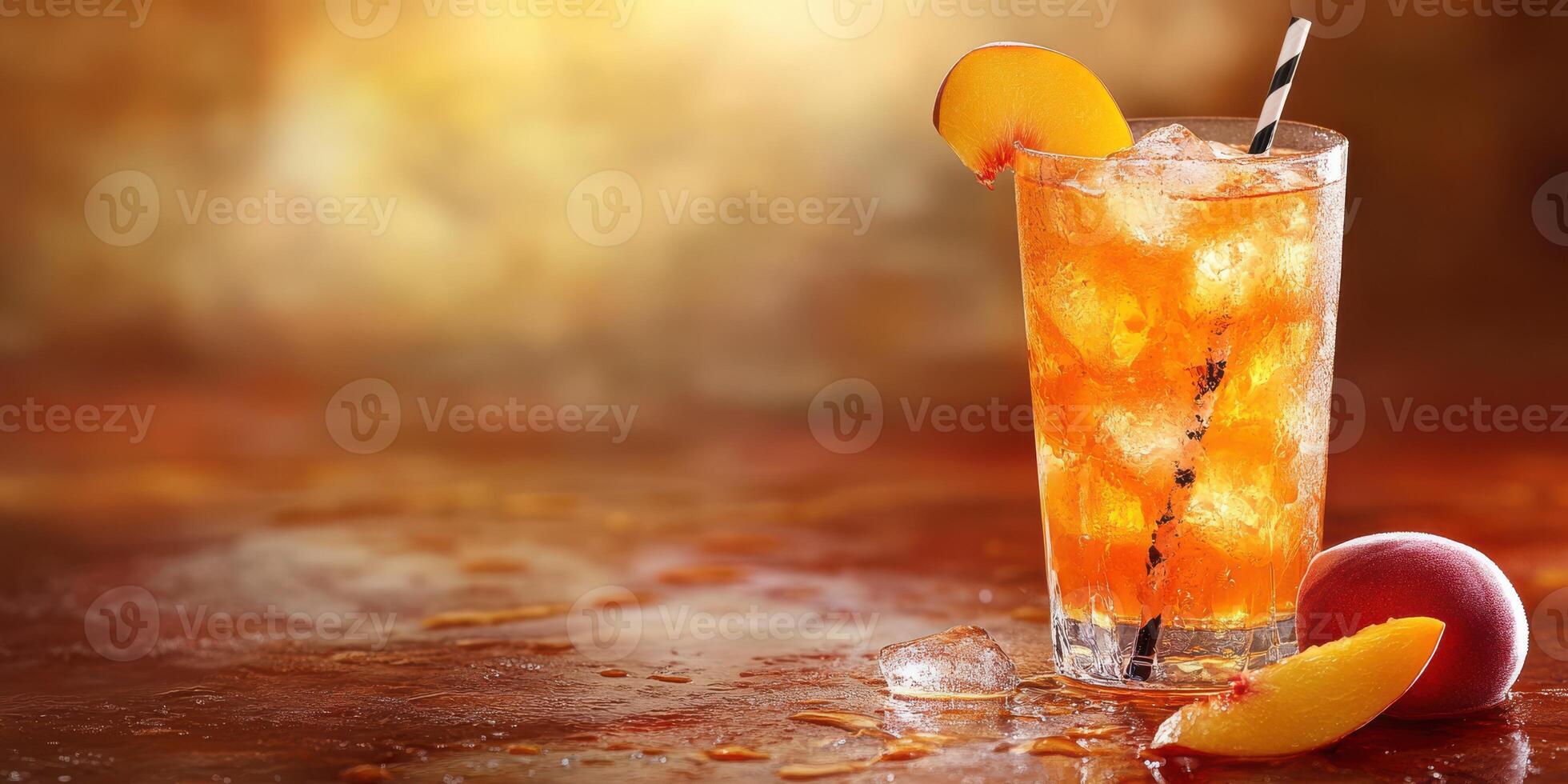 Delicious peach iced tea in a glass with slices of peach and a striped straw displayed on a warm, rustic table photo