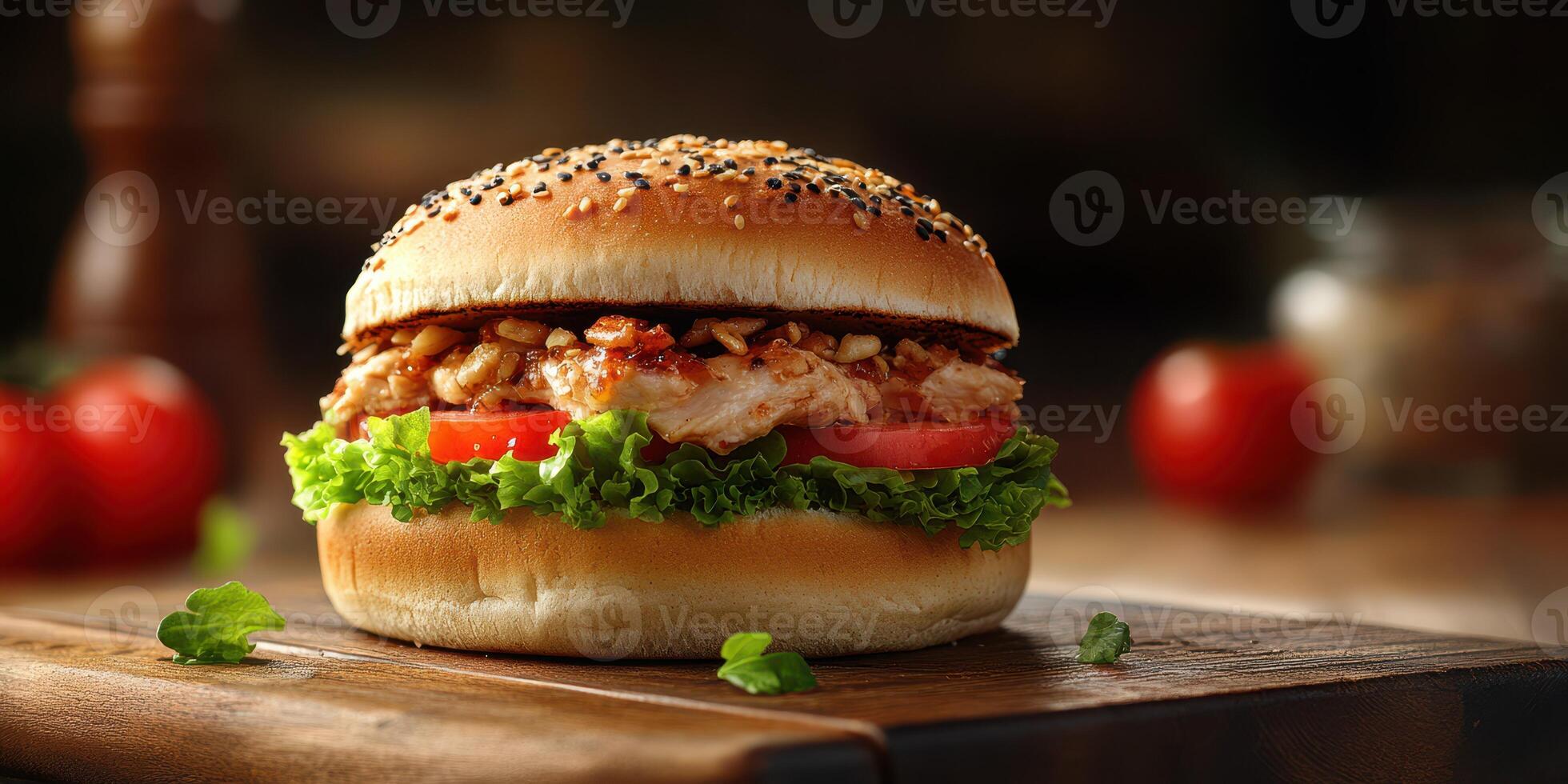 Juicy grilled chicken sandwich with fresh vegetables served on a wooden board in a cozy setting photo