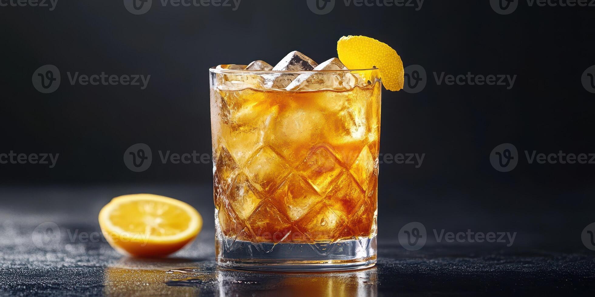 Cocktail garnished with orange slice served in glass on dark surface with ice cubes during evening setting photo