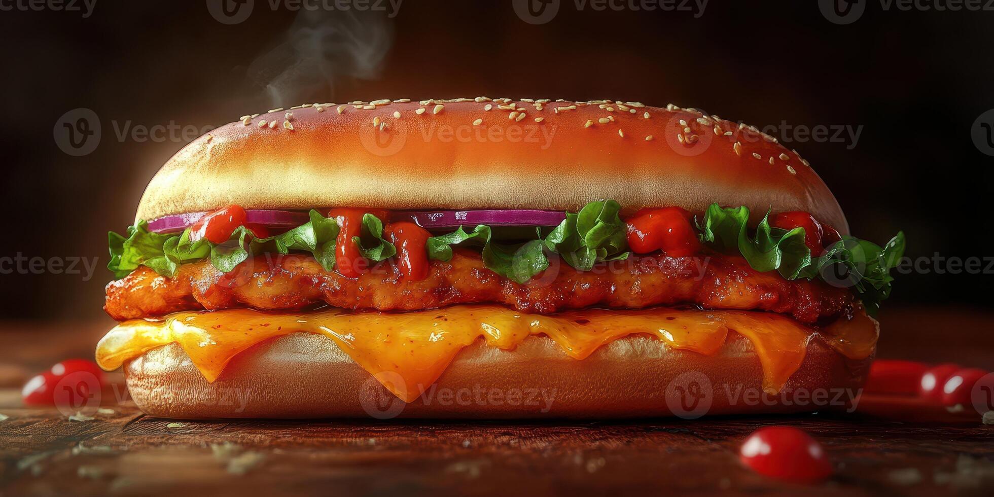 Delicious grilled chicken sandwich with melted cheese and fresh toppings served on a sesame seed bun photo