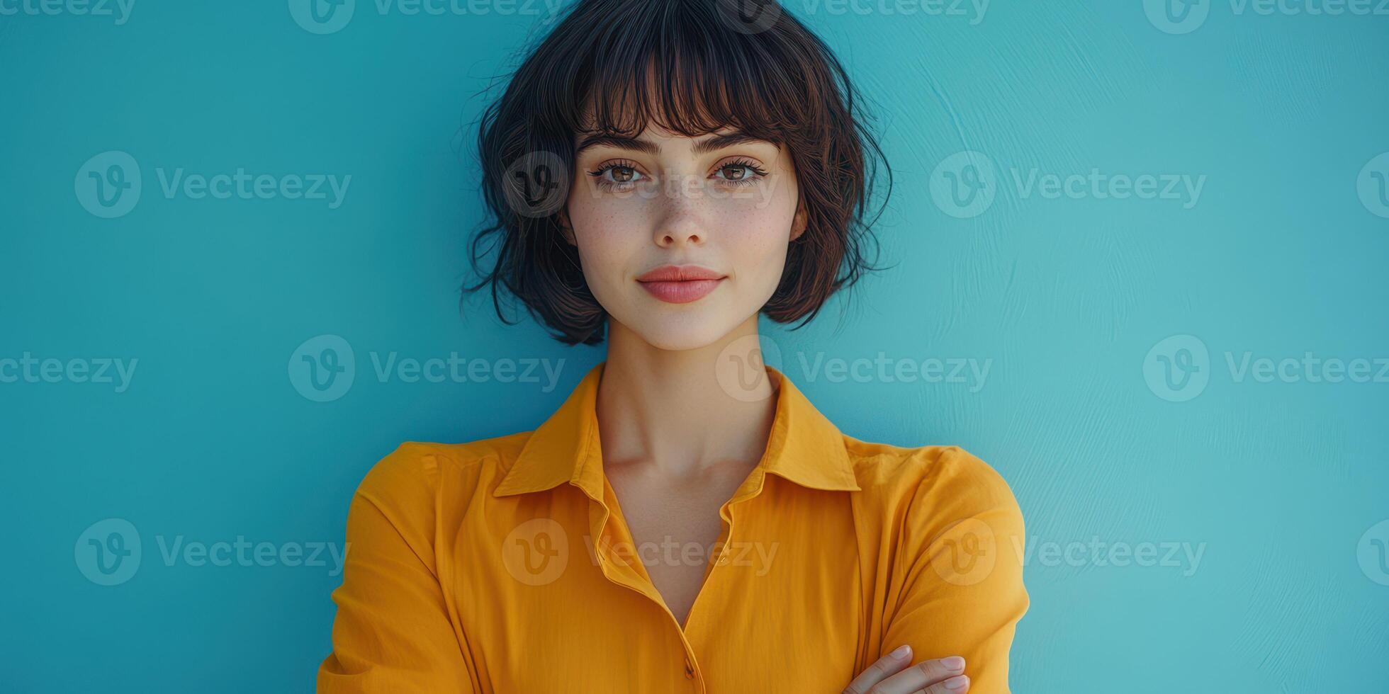 Young woman with short hair stands confidently against a bright blue wall wearing a yellow shirt during daylight hours photo