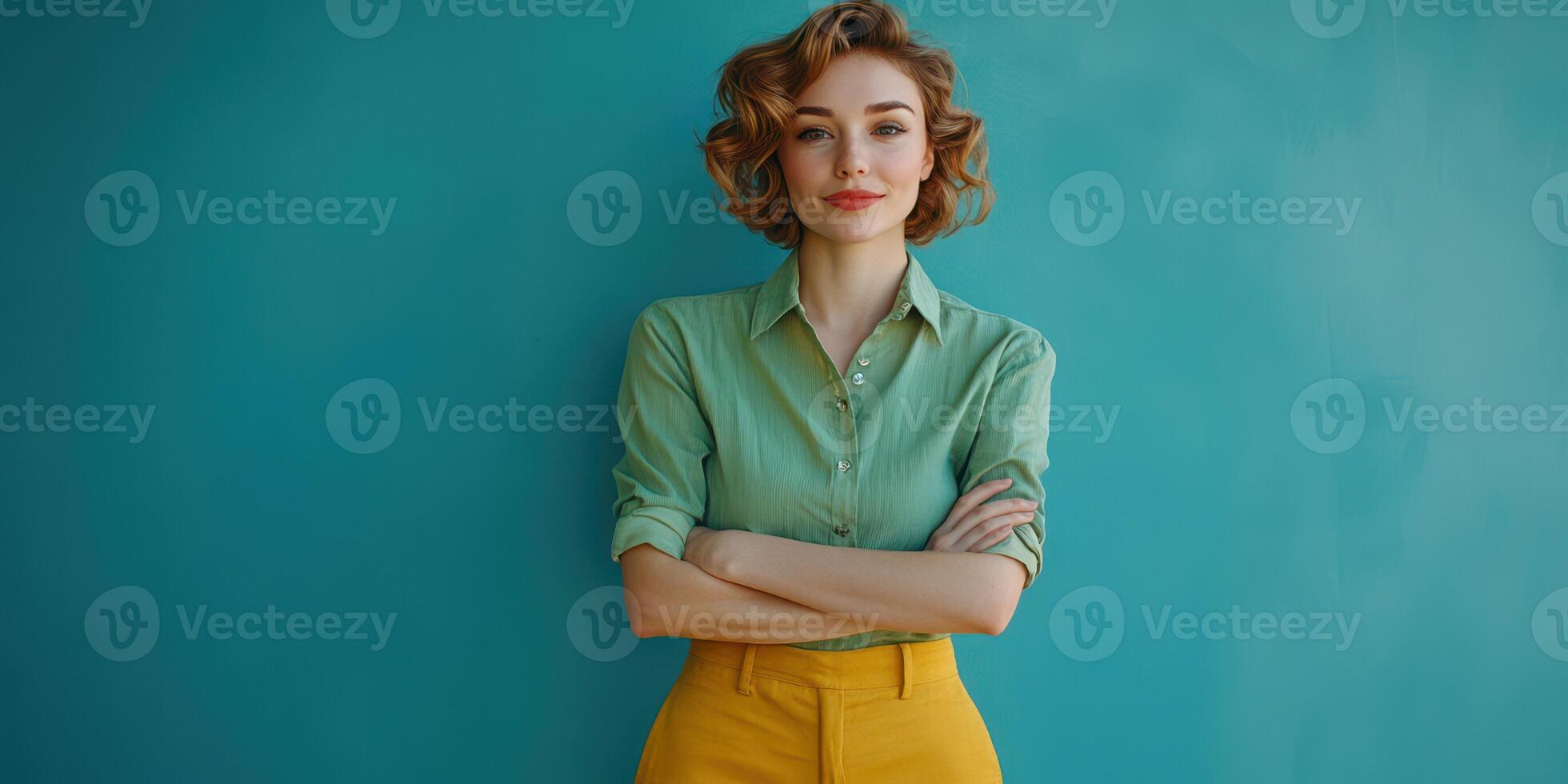 Confident woman in a stylish outfit poses against a vibrant blue background in a modern indoor space photo