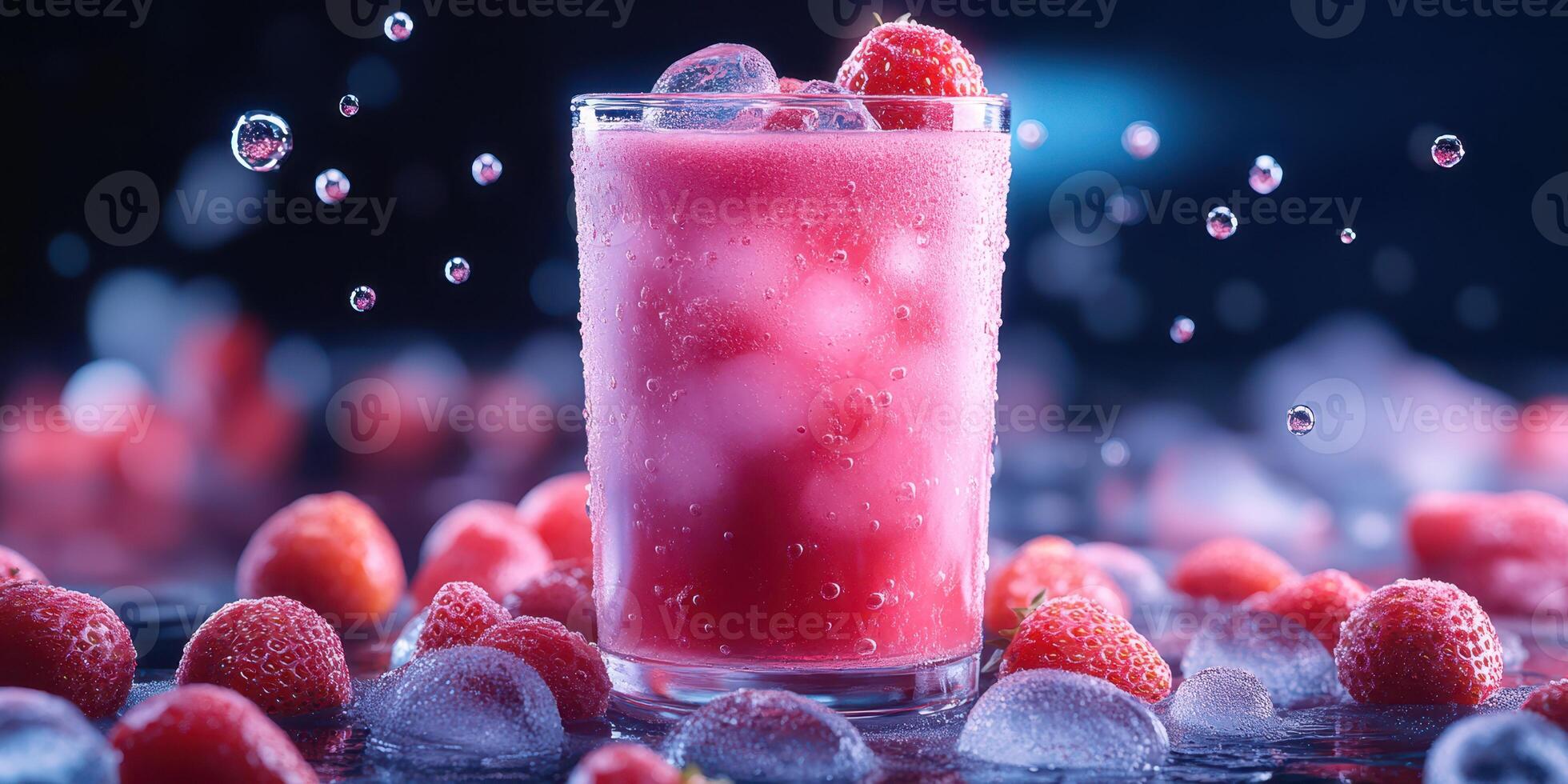 Refreshing raspberry drink with ice cubes surrounded by fresh raspberries in a vibrant, cool setting photo