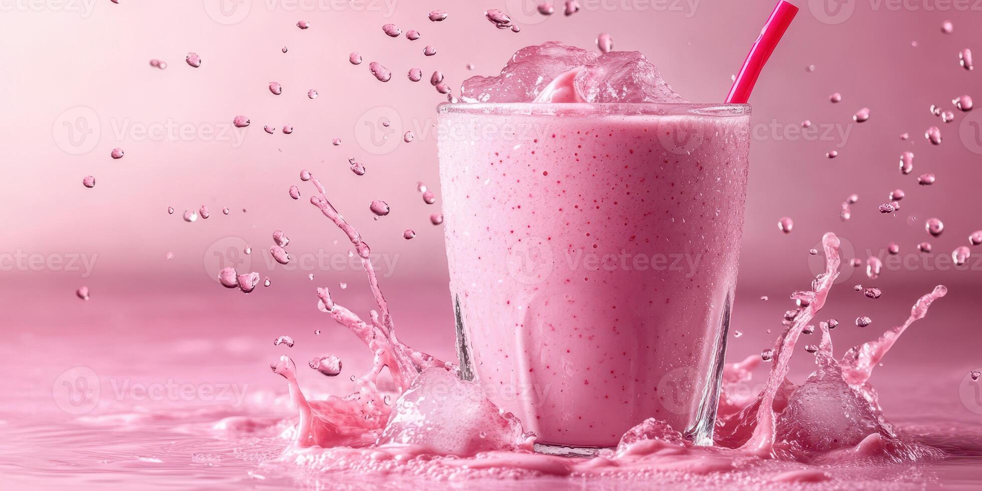 Refreshing pink smoothie splashing in a glass with a straw against a soft pink background photo