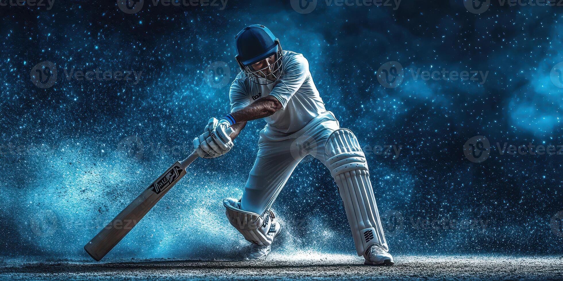 Cricketer swinging bat during night match with blue smoke effects in the background, showcasing athletic skill and focus photo