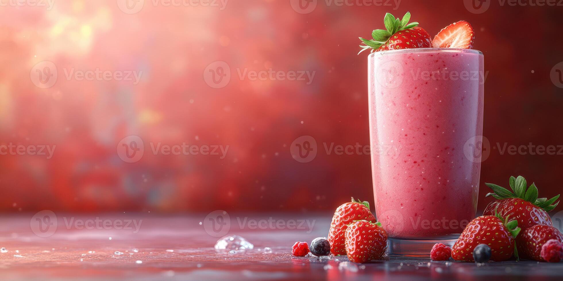 Refreshing strawberry smoothie in a glass with fresh berries on a colorful background photo