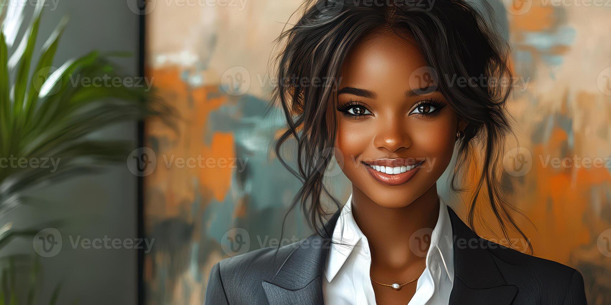 Confident young woman in a business suit smiling in a contemporary office setting during daytime photo