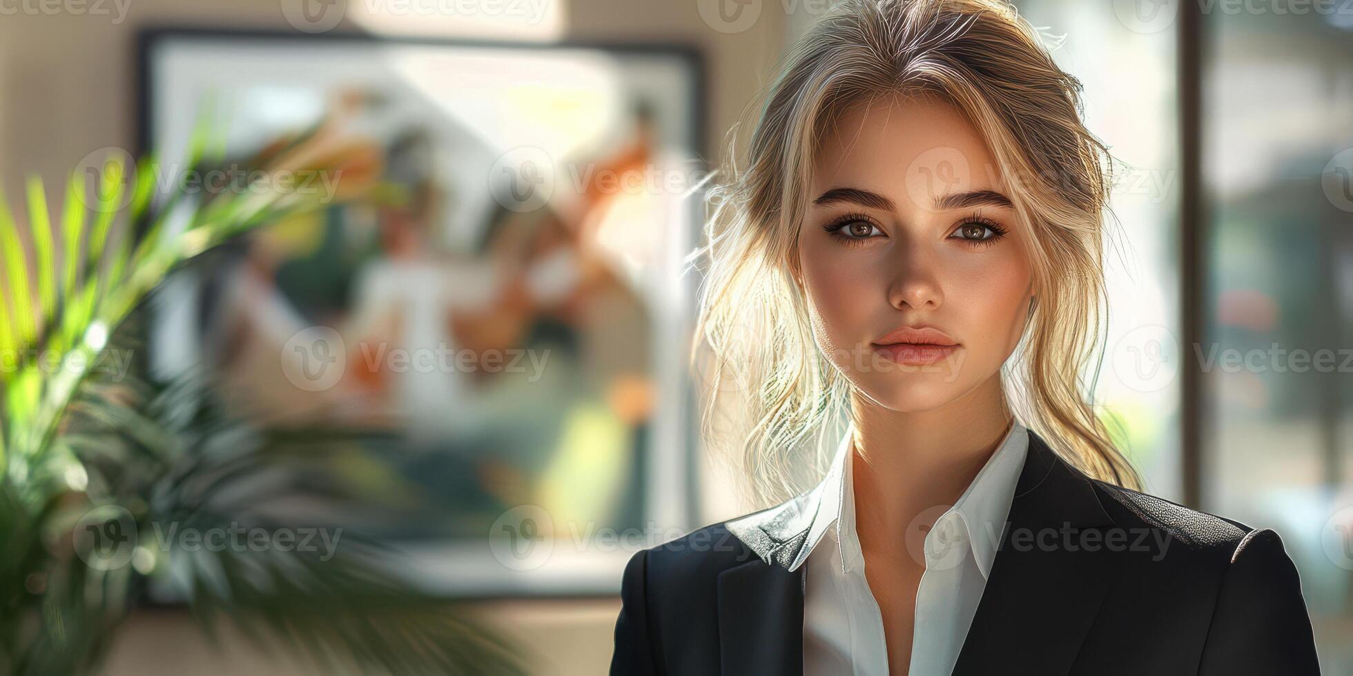 Young woman in formal attire stands confidently in a modern office with soft lighting and artistic background photo