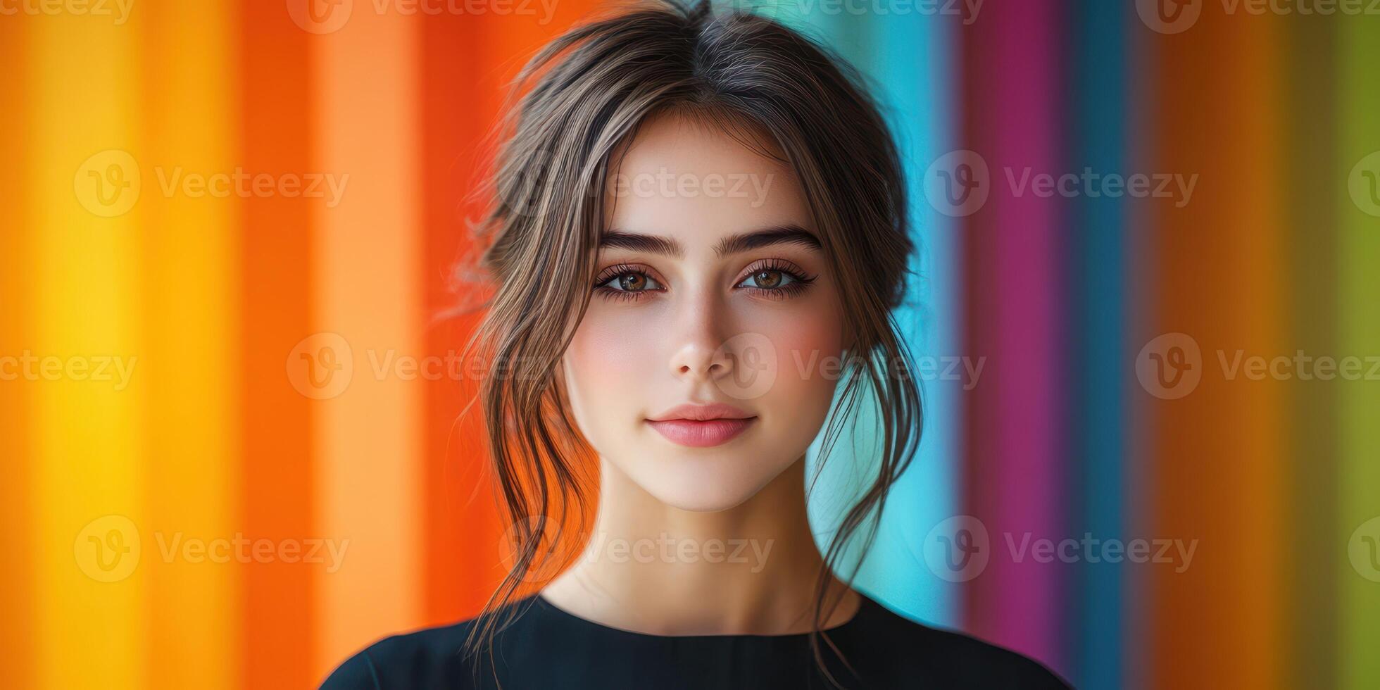 Portrait of a young woman with long hair in front of a vibrant colorful background at a creative studio photo