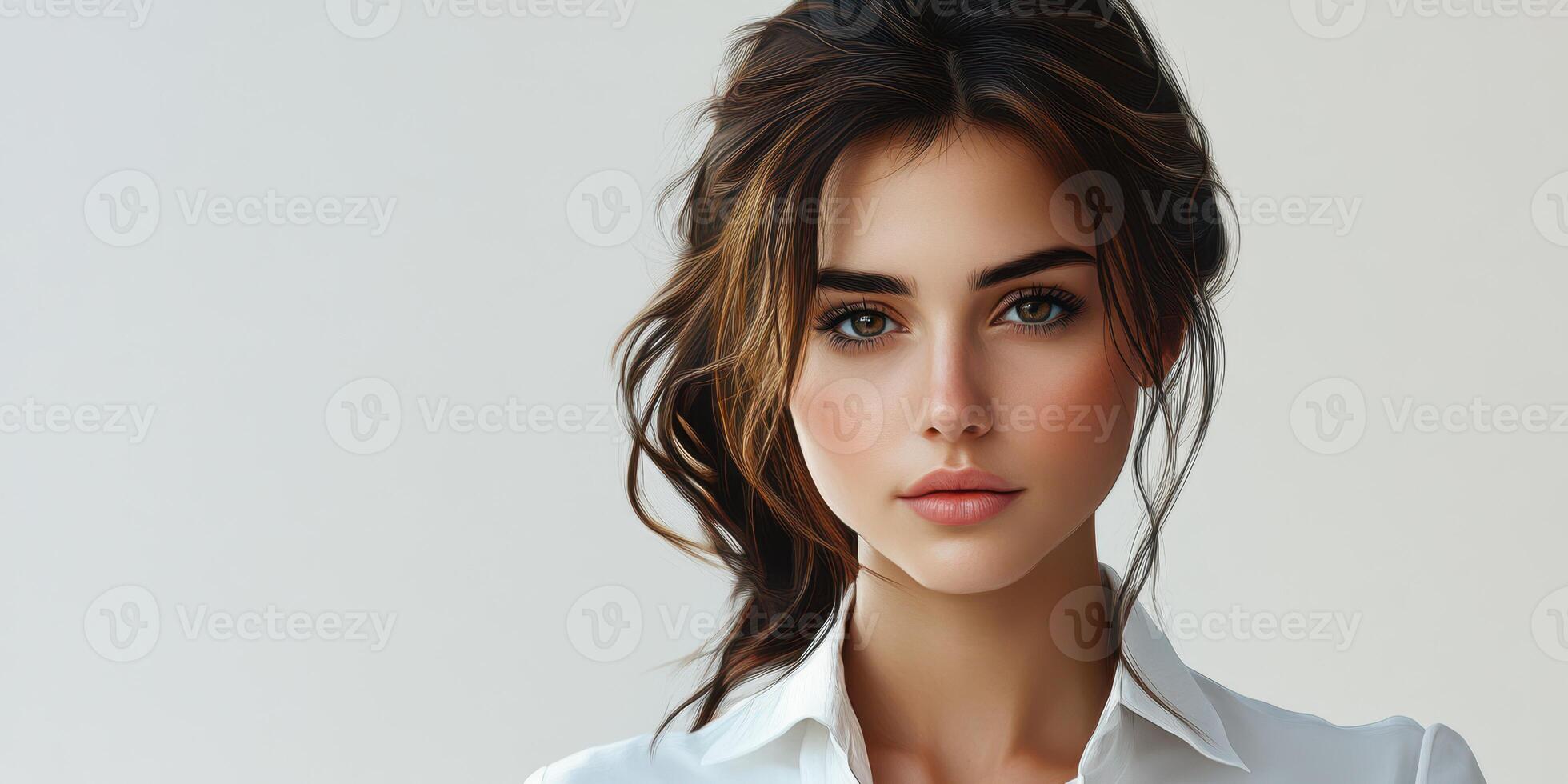 Young woman with natural beauty posing against a light-colored backdrop in a casual yet stylish outfit photo