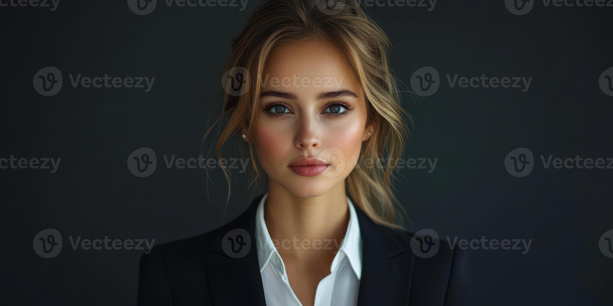 Professional portrait of a woman with striking features in a dark setting, showcasing elegance and confidence photo