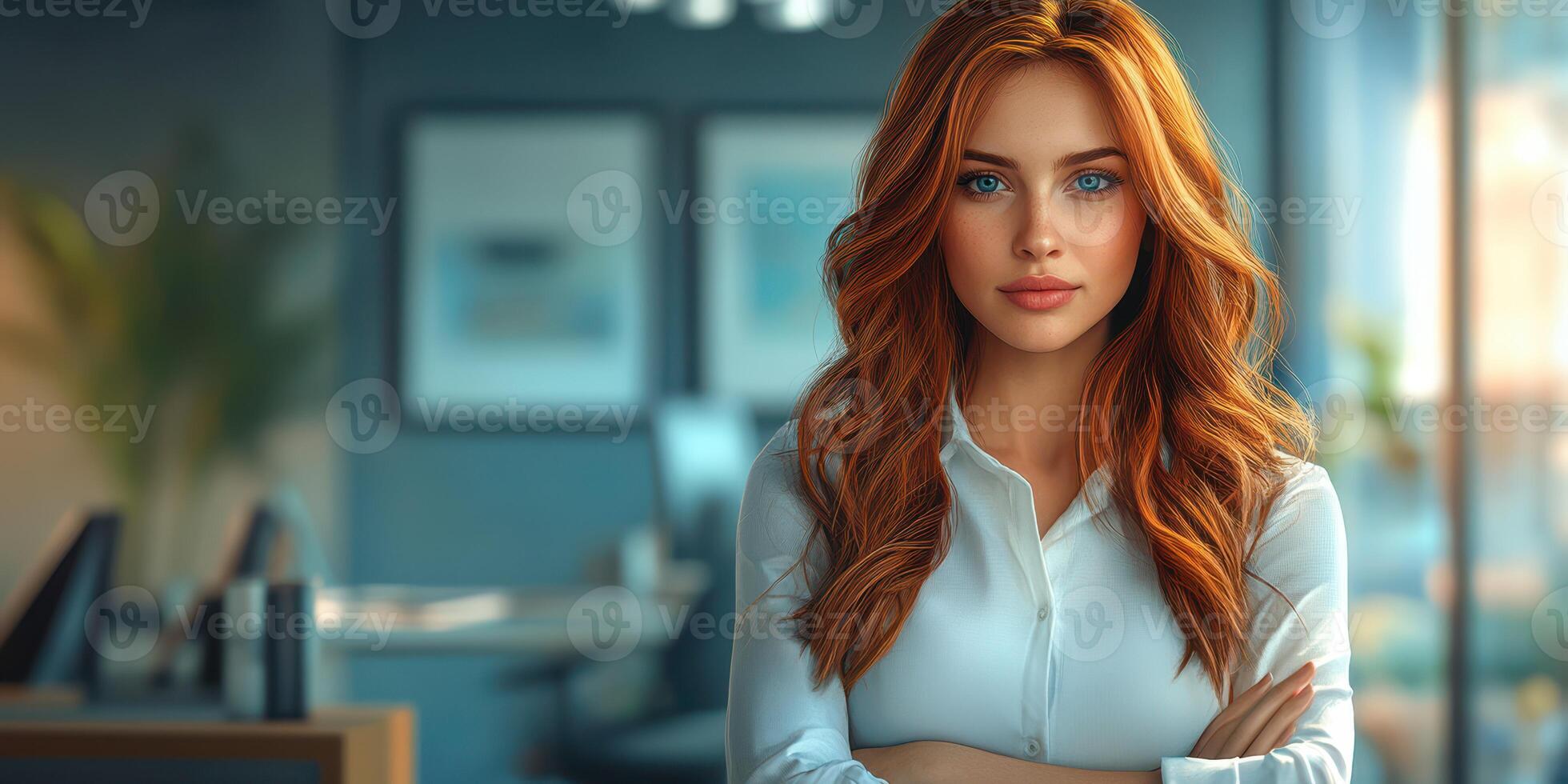 Professional woman with red hair stands confidently in a modern office setting during the day, showcasing a poised demeanor photo