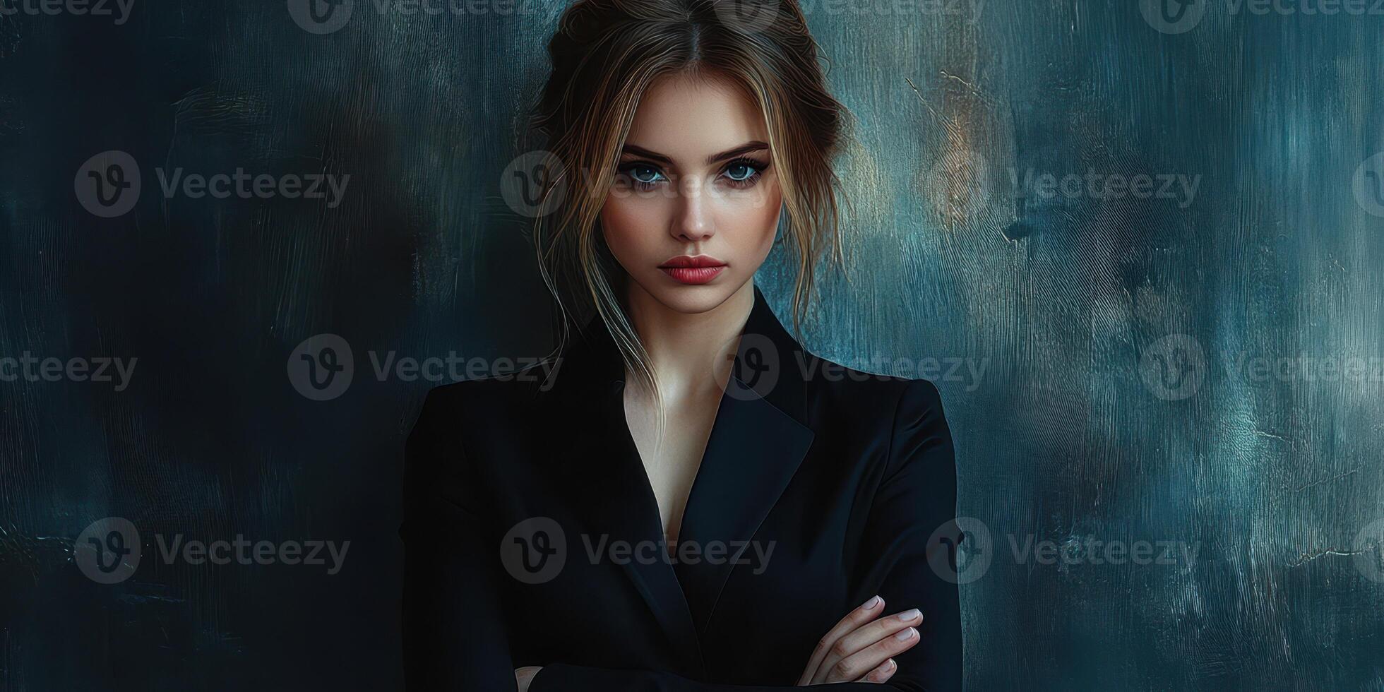 Young woman in a stylish black suit against a dark textured background showcasing confidence and elegance in a modern setting photo