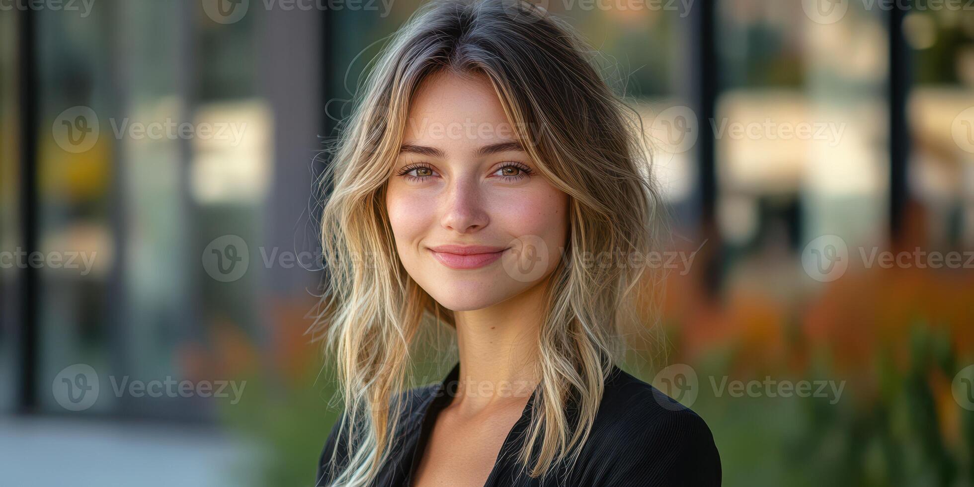 Young woman smiles warmly outdoors in a modern urban setting, showcasing confidence and joy in natural light photo