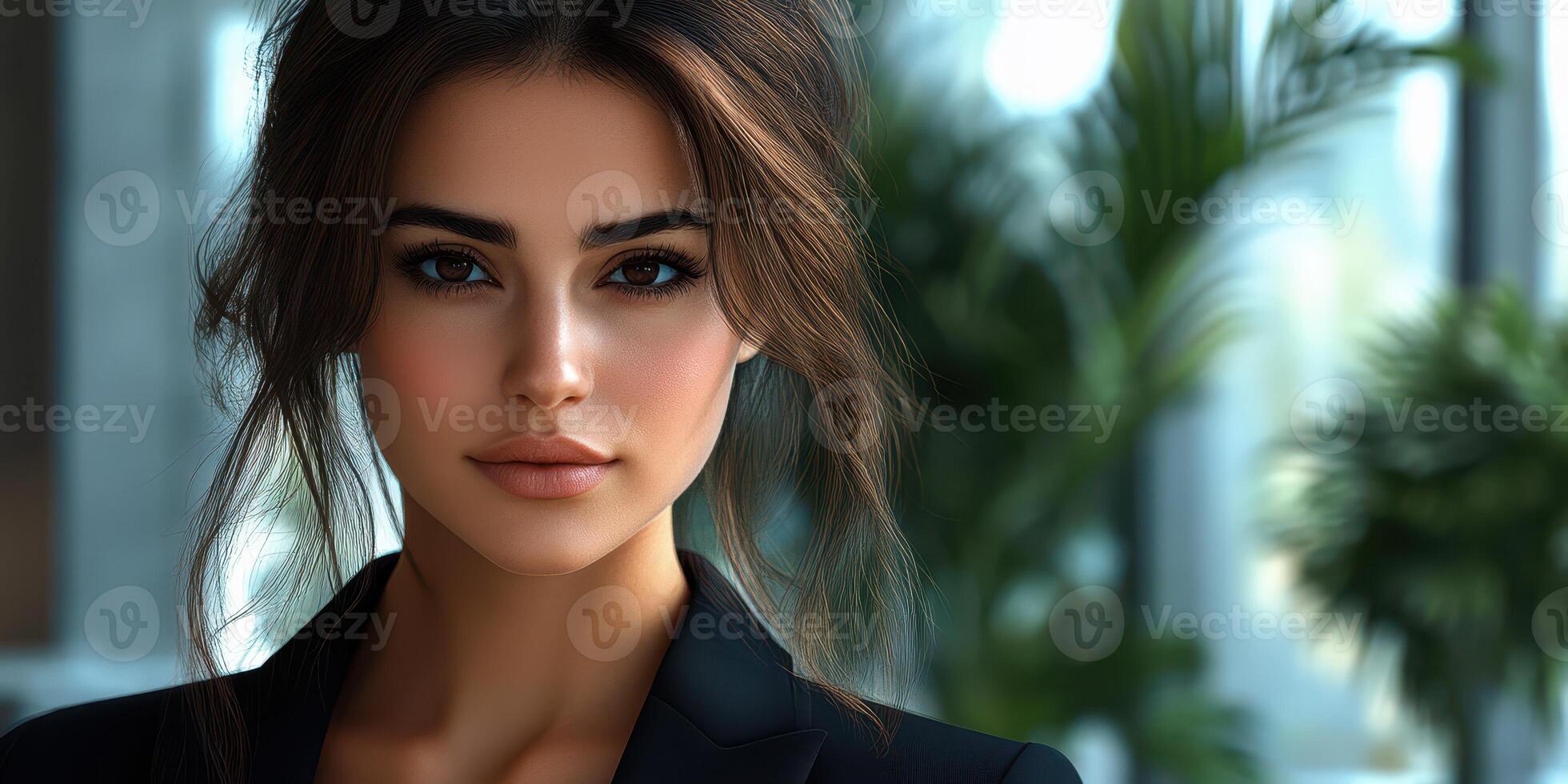 Beautiful woman in a stylish outfit with a natural makeup look in a modern indoor setting during the day photo