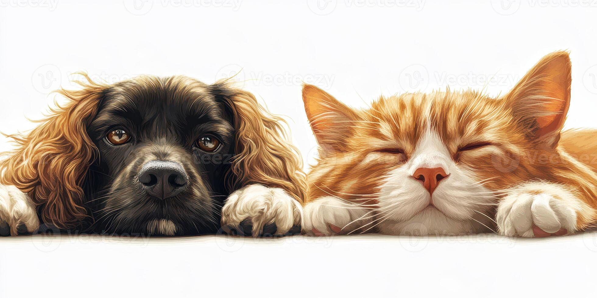 Relaxing dog and cat cuddle together on a cozy surface during afternoon light photo