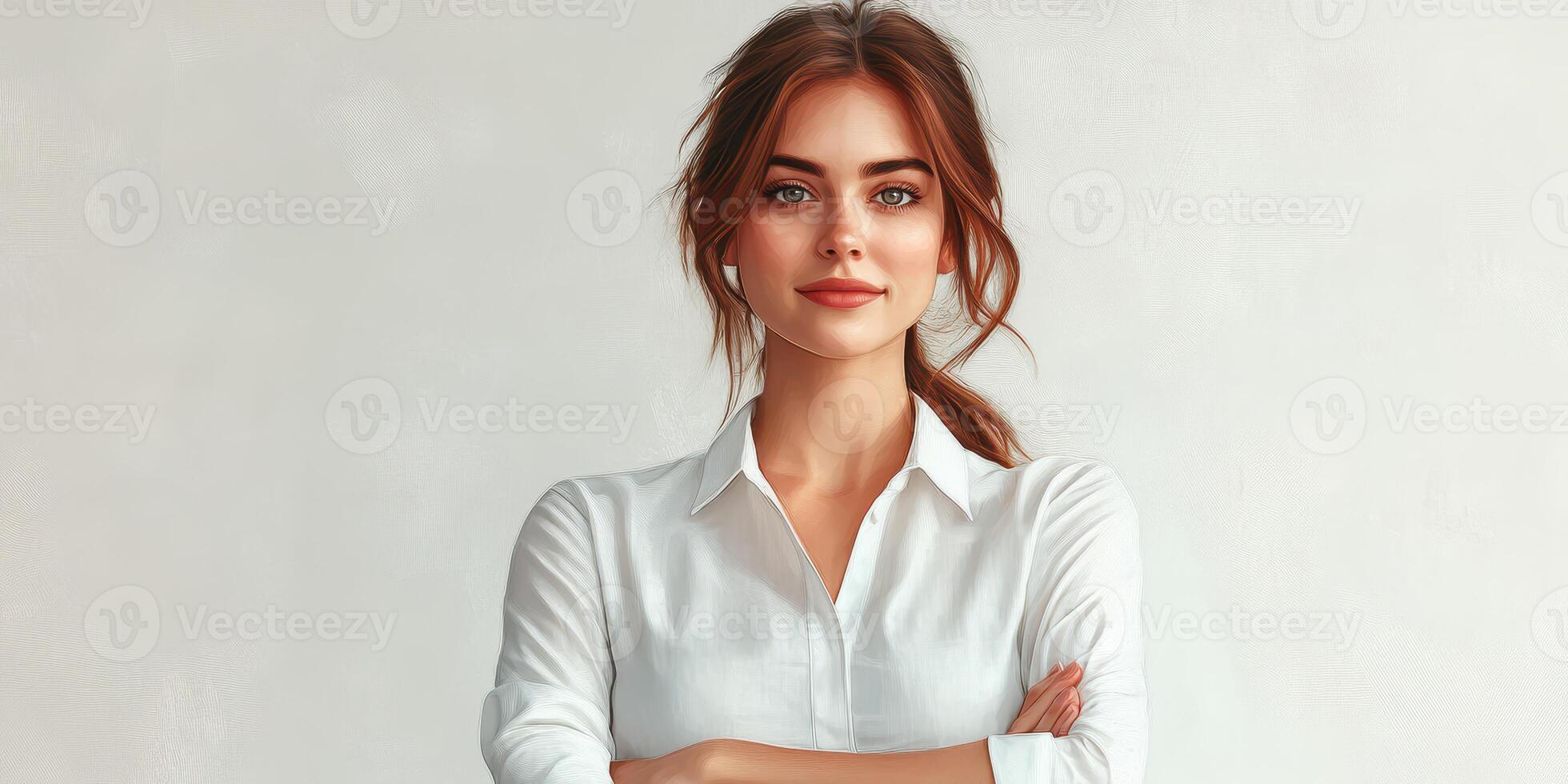Confident young woman with crossed arms standing against a neutral background in a professional outfit photo
