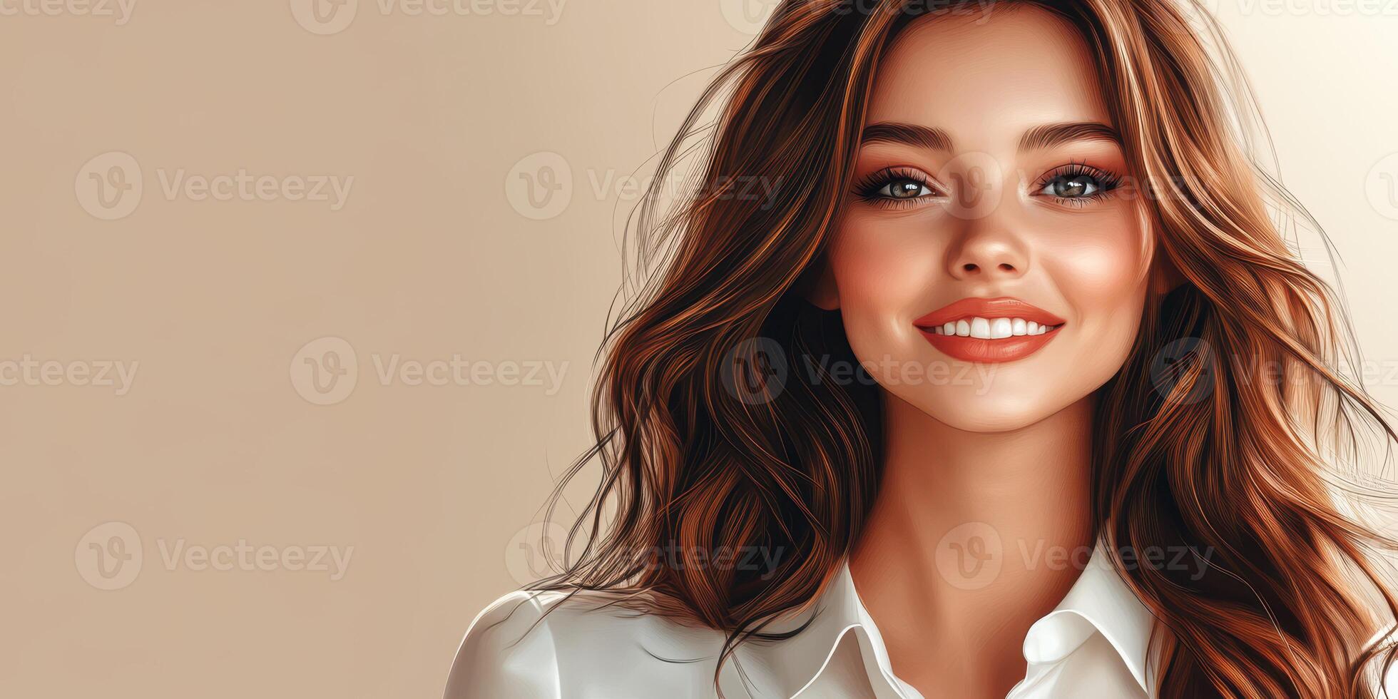 Smiling woman with long hair in a casual white shirt against a light background photo
